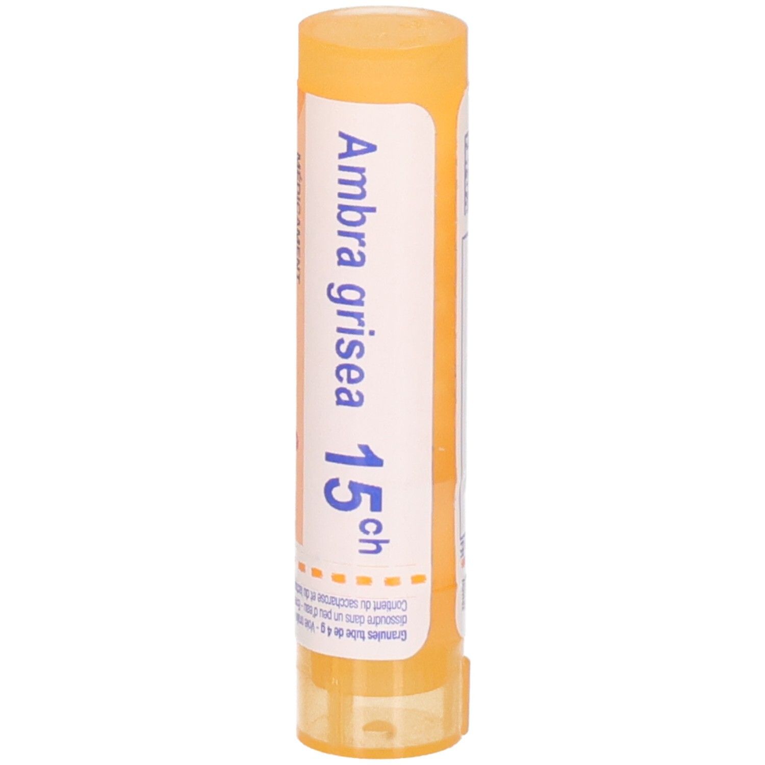 Tube granules Boiron Ambra grisea 15CH. Bouchon et étiquette orange avec informations produit.