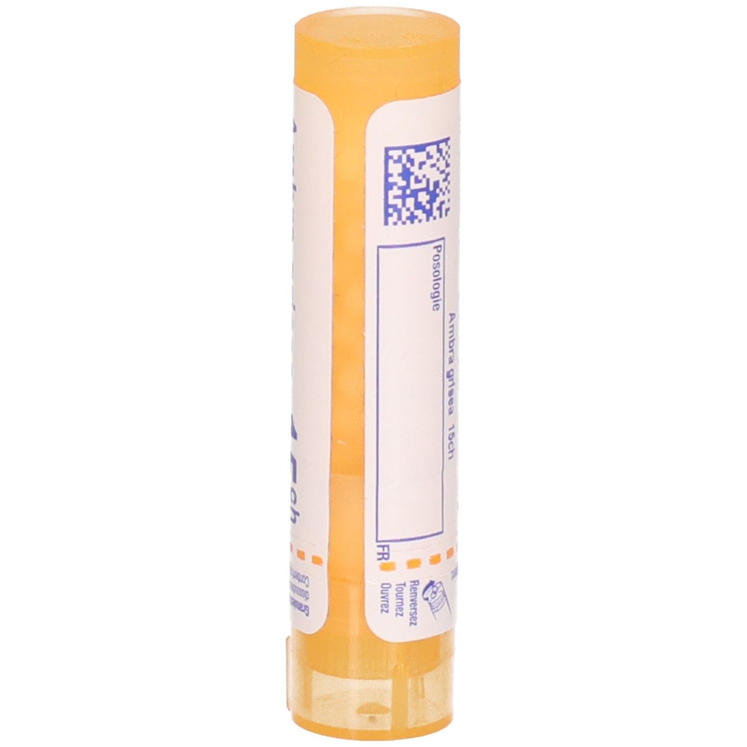 Vue latérale du tube Boiron Ambra grisea 15CH avec QR code et informations de dosage.