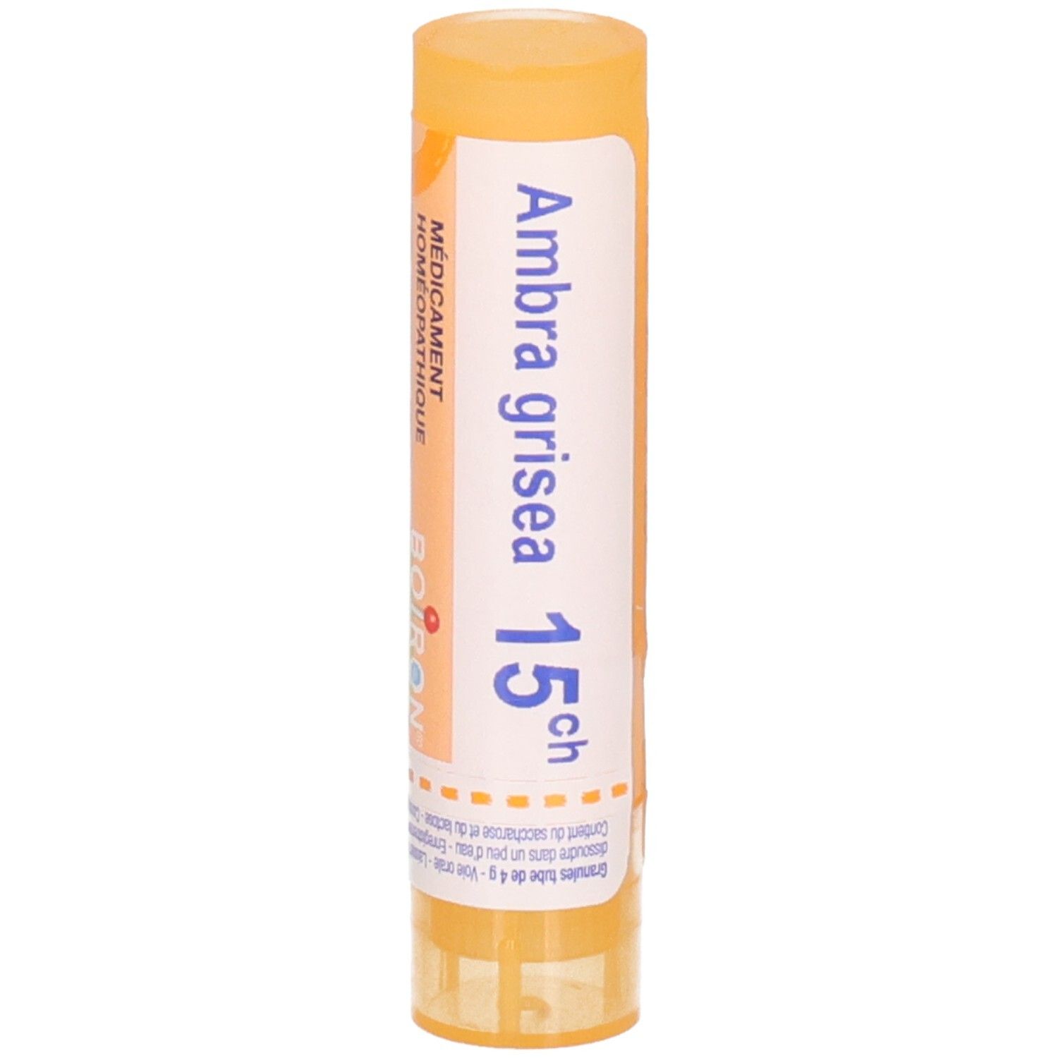 Tube granules Boiron Ambra grisea 15CH. Bouchon et étiquette orange avec informations produit.