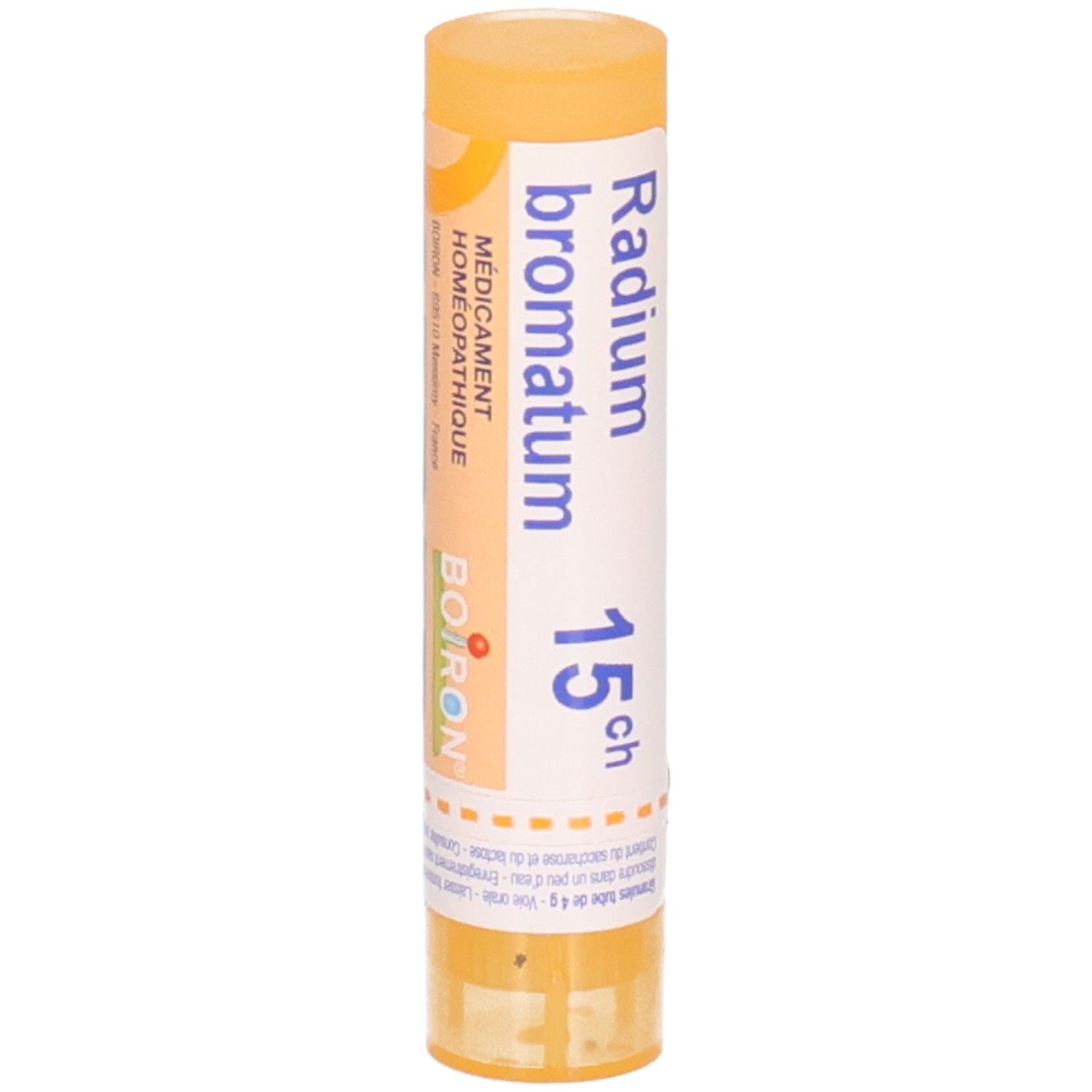 Radium bromatum 15ch, tube granules Boiron. Bouchon et capuchon orange.