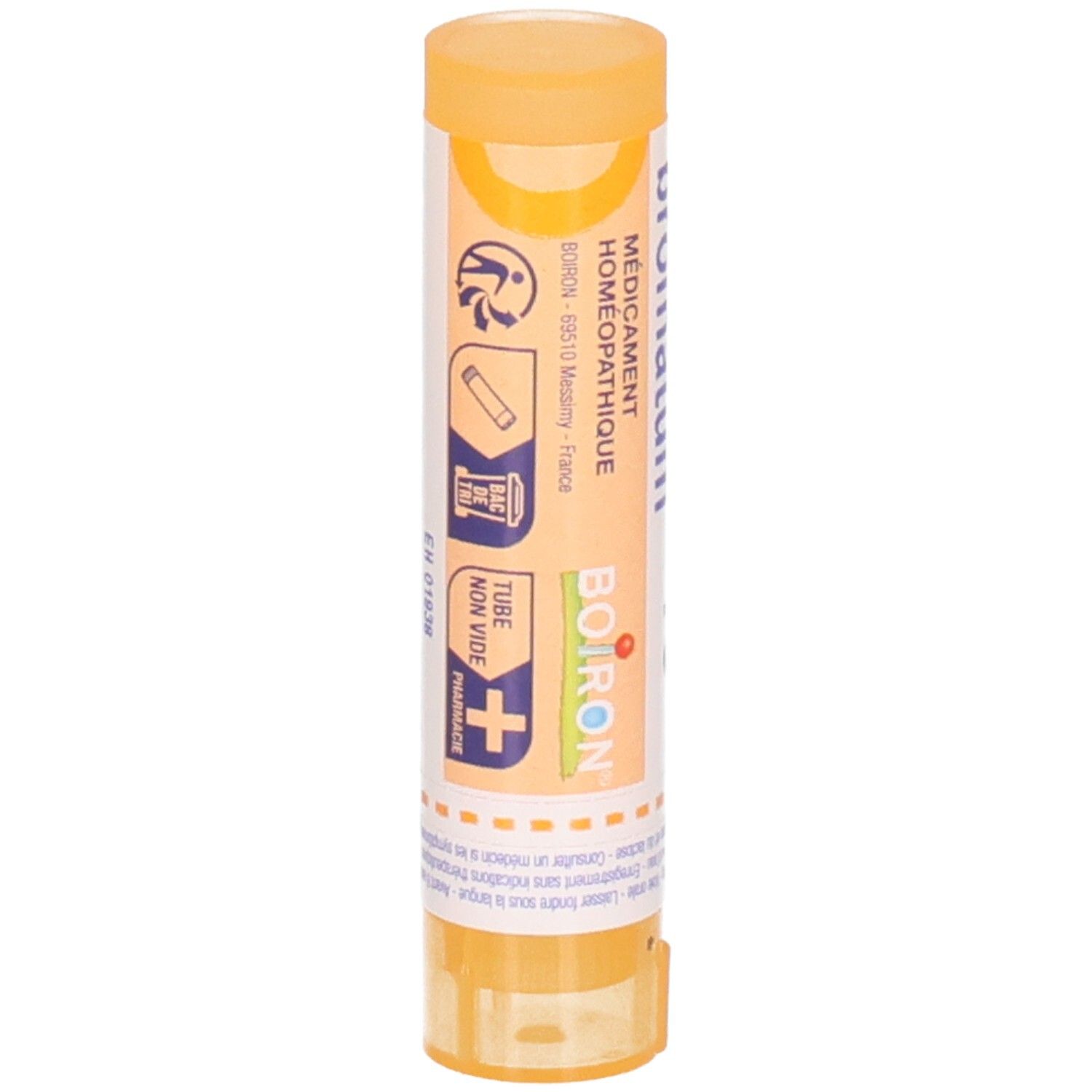 Radium bromatum 15ch, tube granules Boiron. Arrière avec symboles et texte.