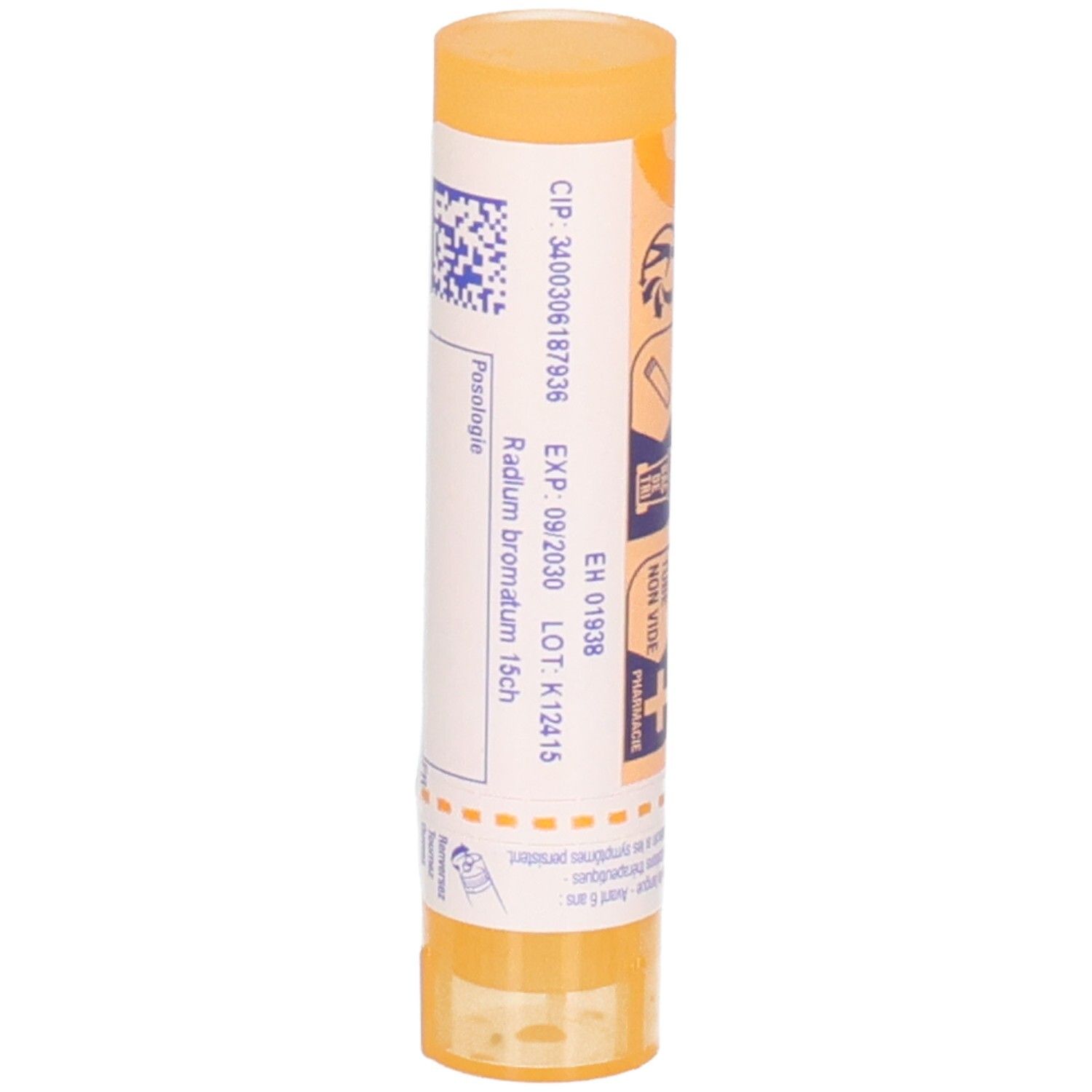 Radium bromatum 15ch, tube granules Boiron. Arrière avec numéro de lot et date d'expiration.