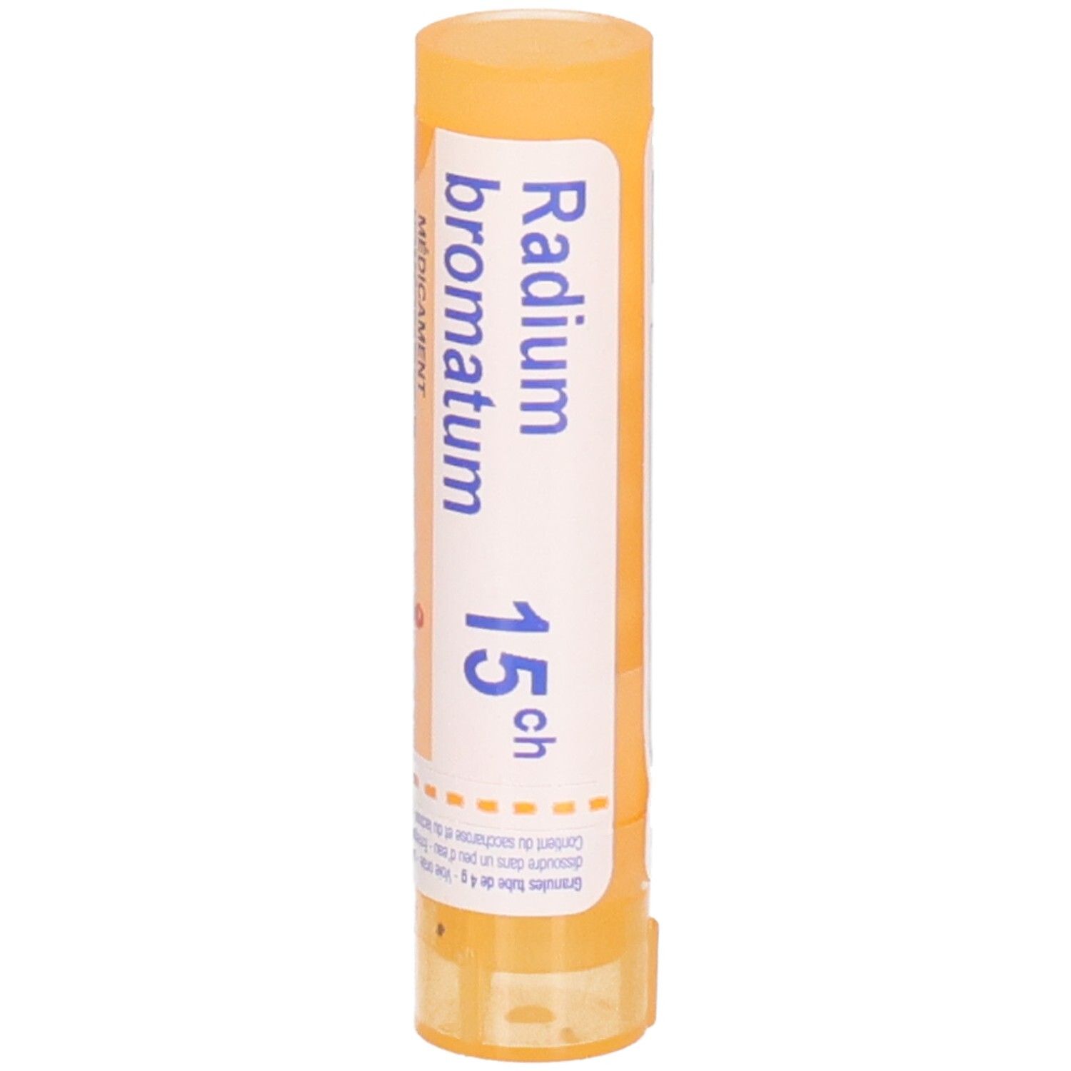 Radium bromatum 15ch, tube granules Boiron. Bouchon et capuchon orange.