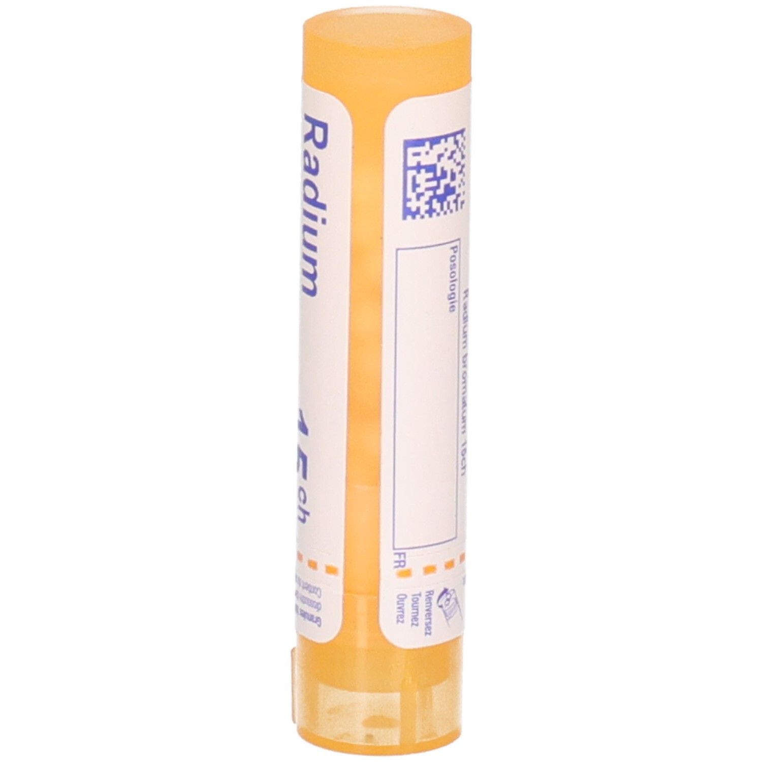 Radium bromatum 15ch, tube granules Boiron. Vue latérale avec texte et code-barres.