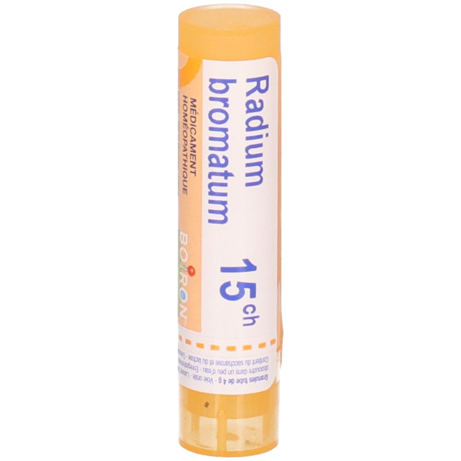 Radium bromatum 15ch, tube granules Boiron. Bouchon et capuchon orange.