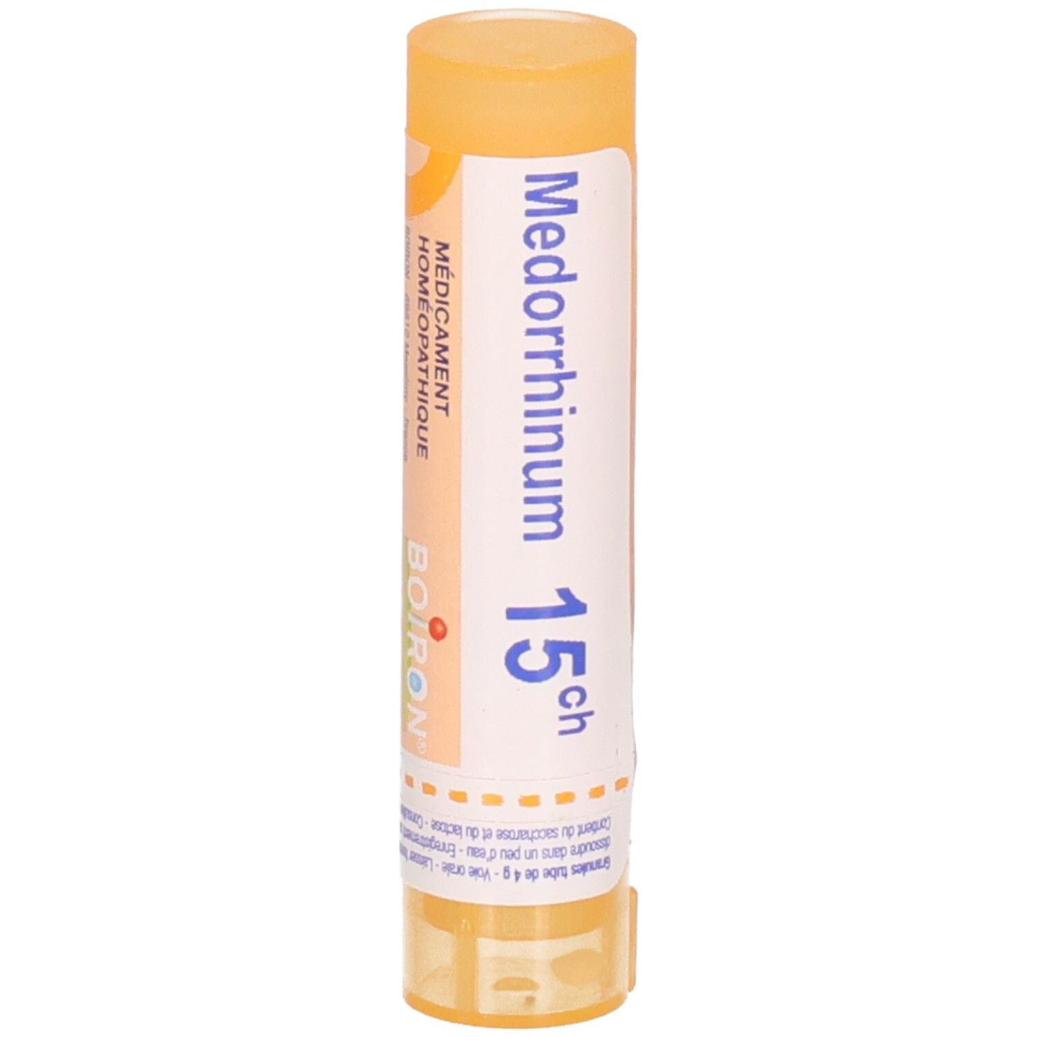 Tube de granules Medorrhinum 15ch Boiron. Bouchon et capuchon orange.