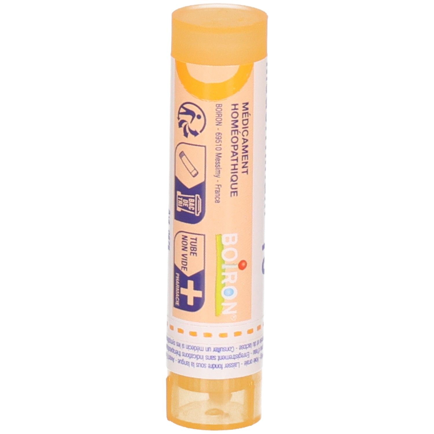 Arrière d'un tube de granules Medorrhinum 15ch Boiron avec symboles d'application.
