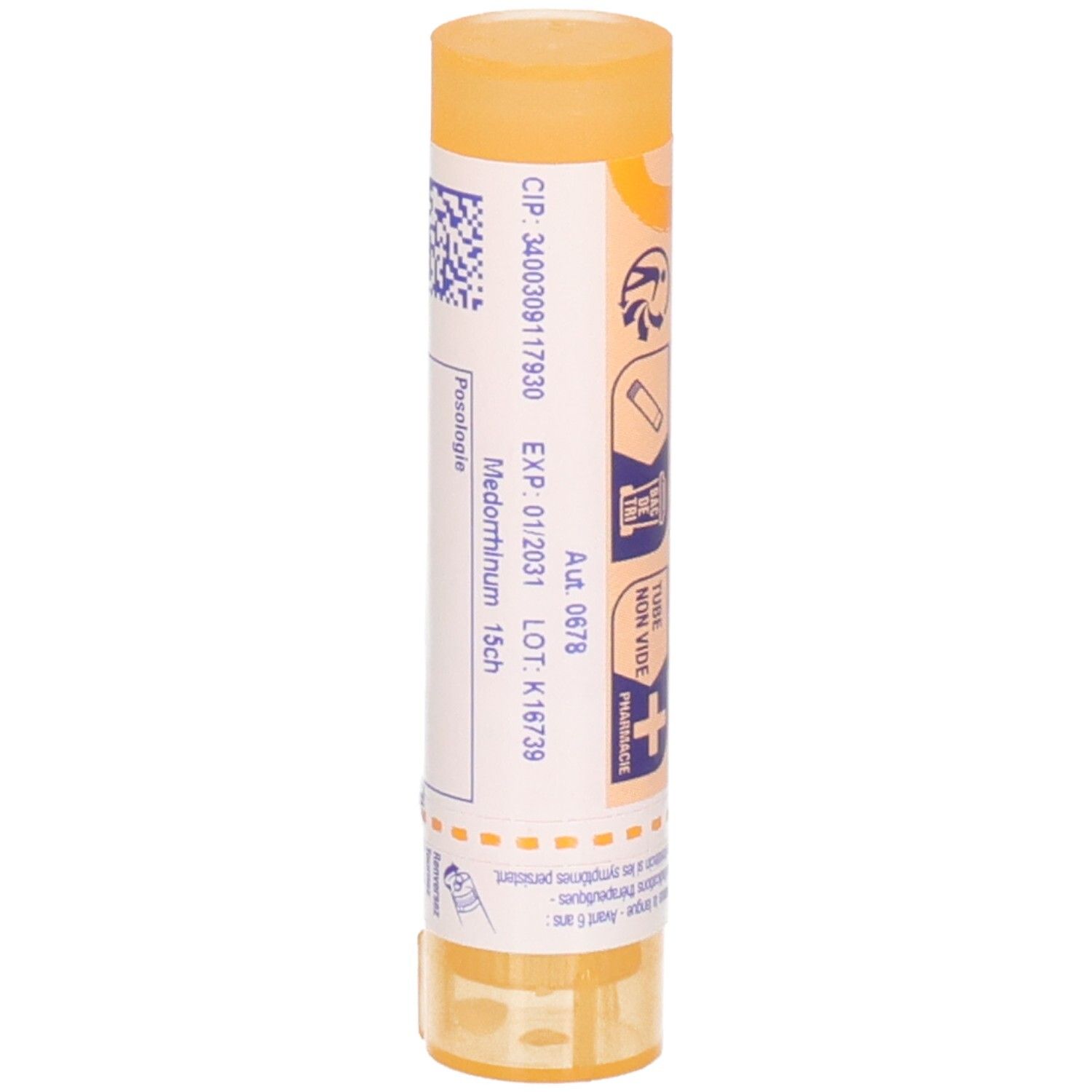 Vue latérale du tube de granules Medorrhinum 15ch Boiron avec date d'expiration et numéro de lot.