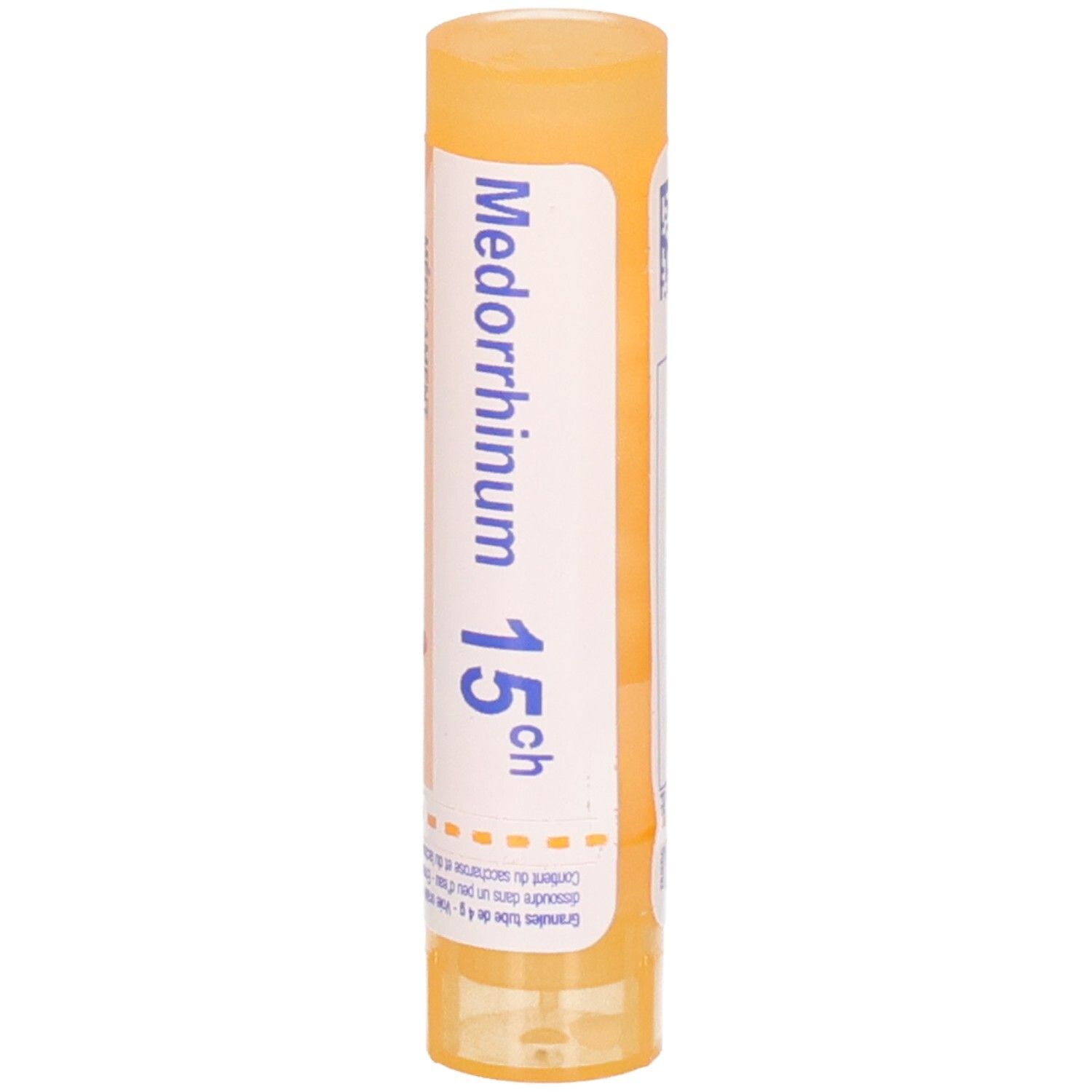 Tube de granules Medorrhinum 15ch Boiron. Bouchon et capuchon orange.
