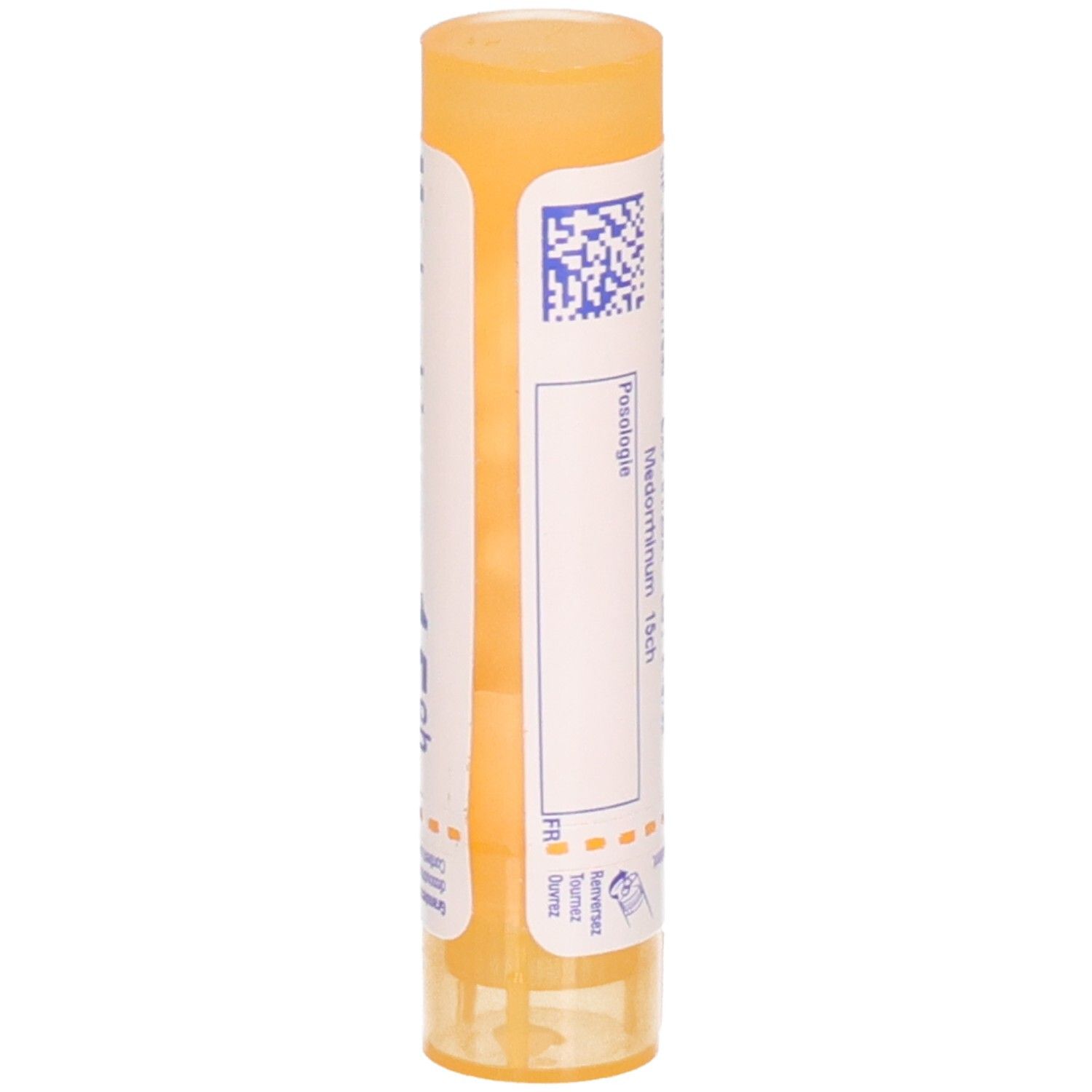 Vue latérale du tube de granules Medorrhinum 15ch Boiron avec code QR et texte.