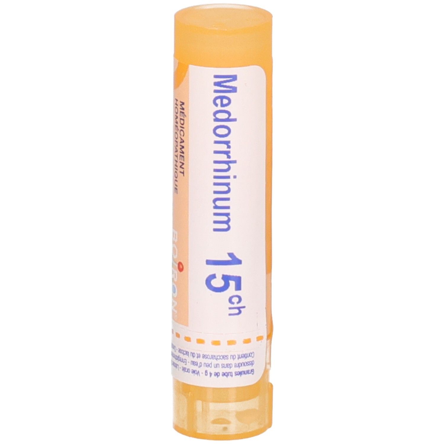 Tube de granules Medorrhinum 15ch Boiron. Bouchon et capuchon orange.