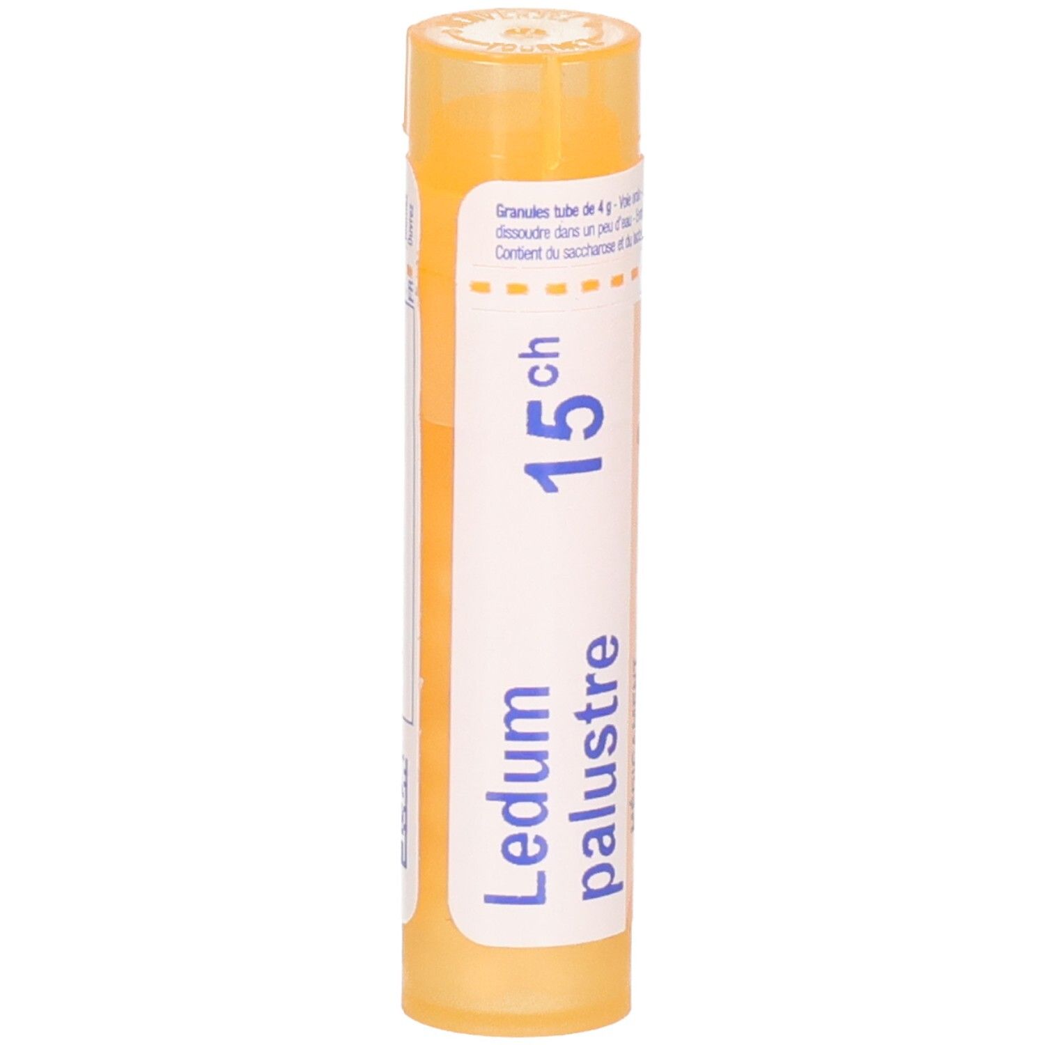Tube granules 4g Ledum palustre 15CH. Bouchon jaune, étiquette blanche avec inscription bleue.