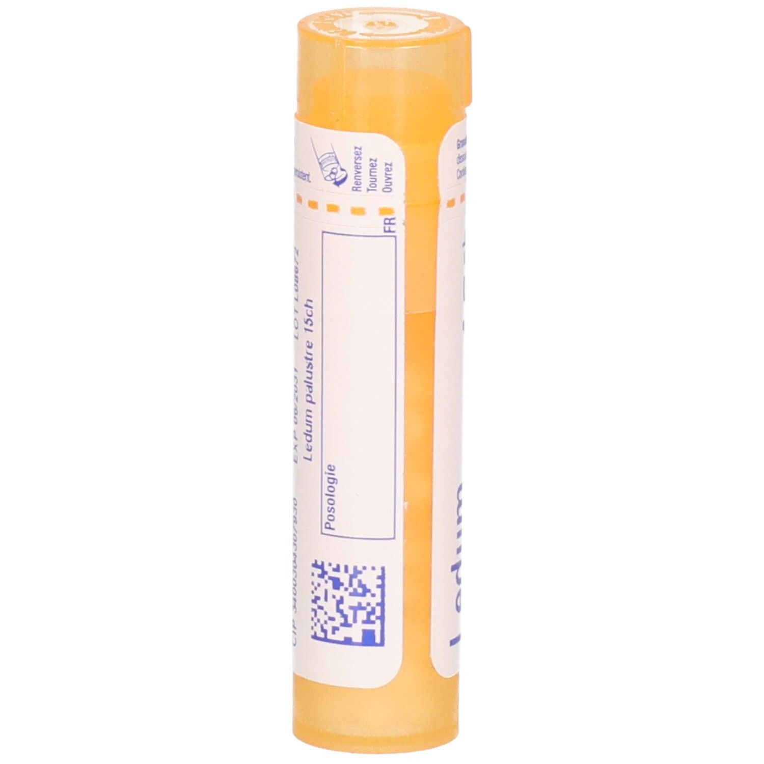 Arrière d'un tube granules Ledum palustre 15CH. Code QR et informations posologiques.