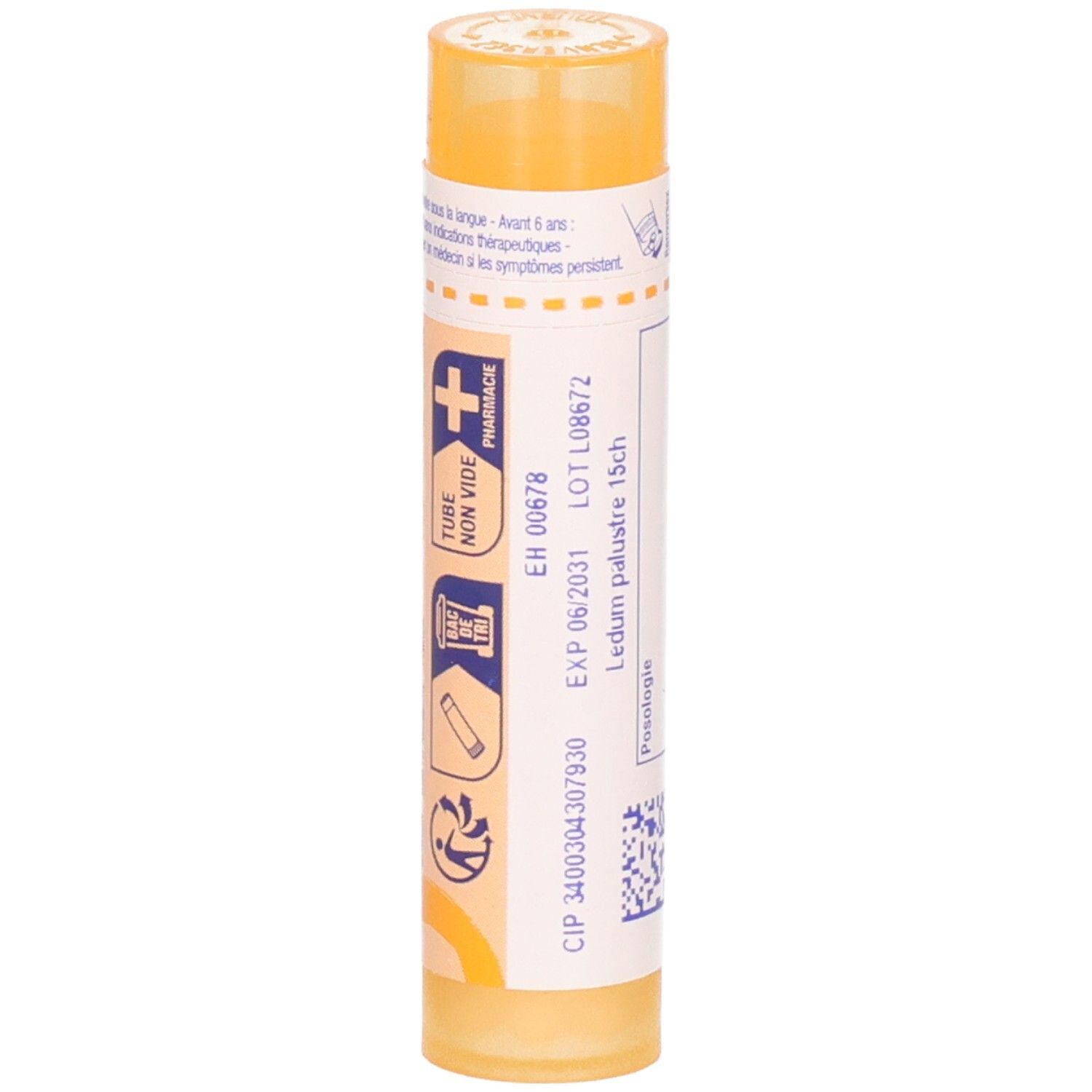 Côté d'un tube granules Ledum palustre 15CH. Numéro EH, date d'expiration, numéro CIP.