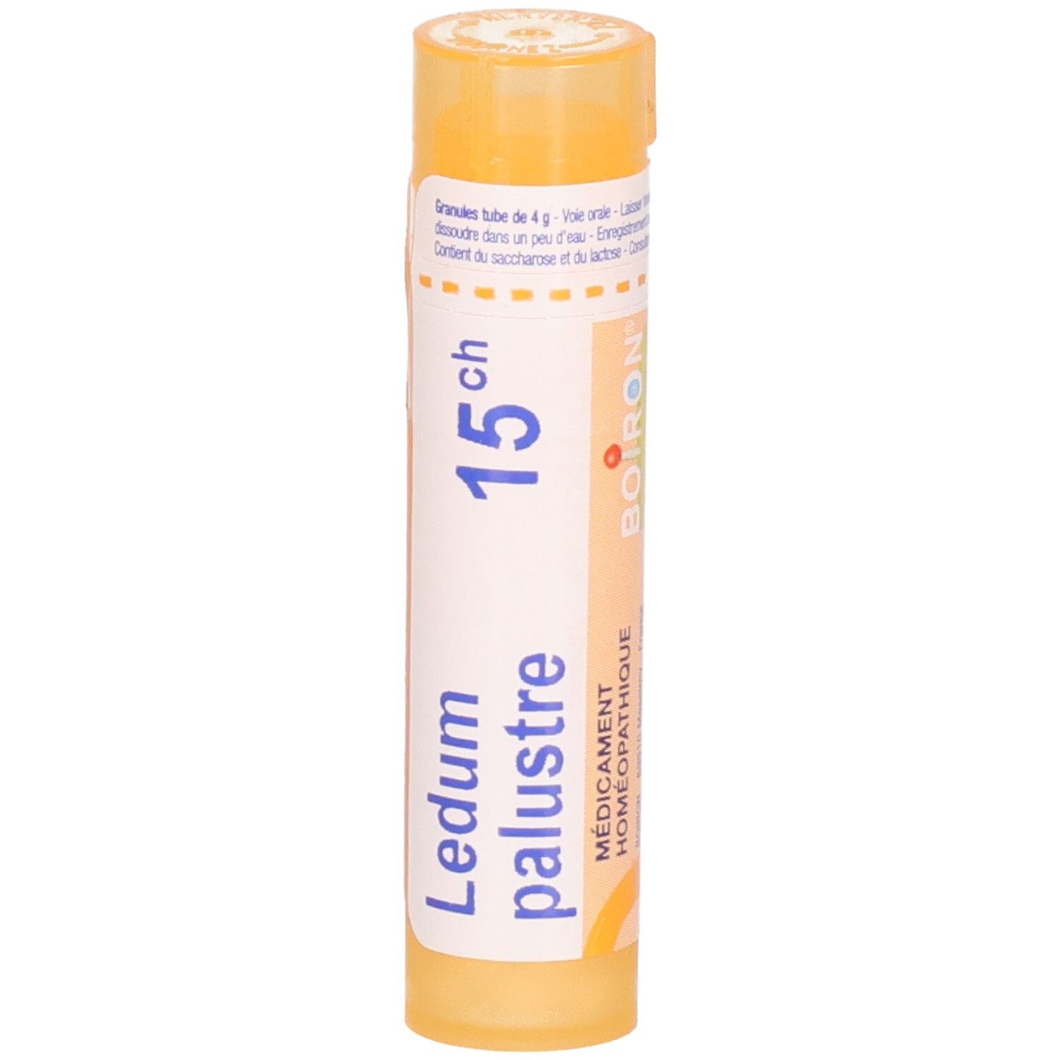 Tube granules Ledum palustre 15CH. Logo Boiron et 'Médicament homéopathique'.
