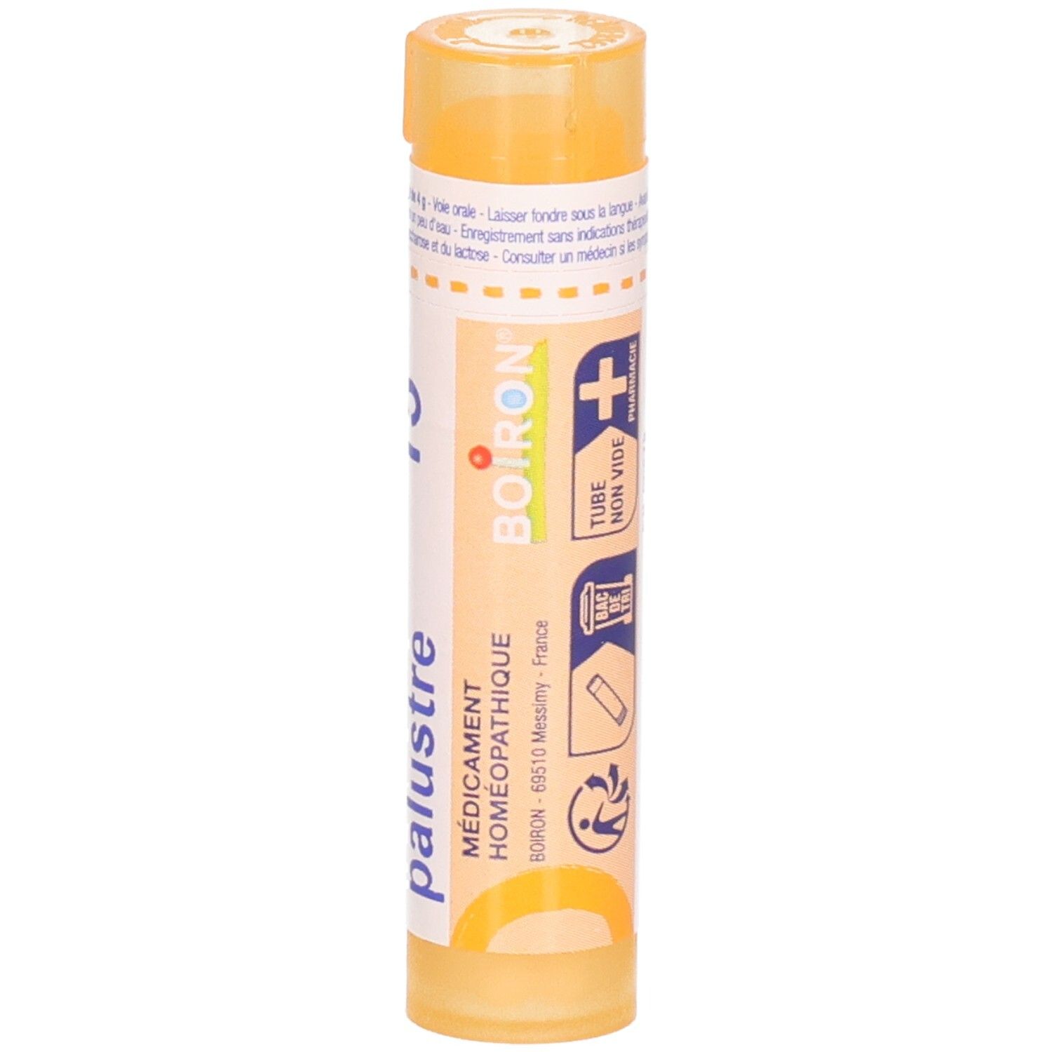 Tube granules Ledum palustre 15CH. Logo Boiron, adresse et signes de qualité.