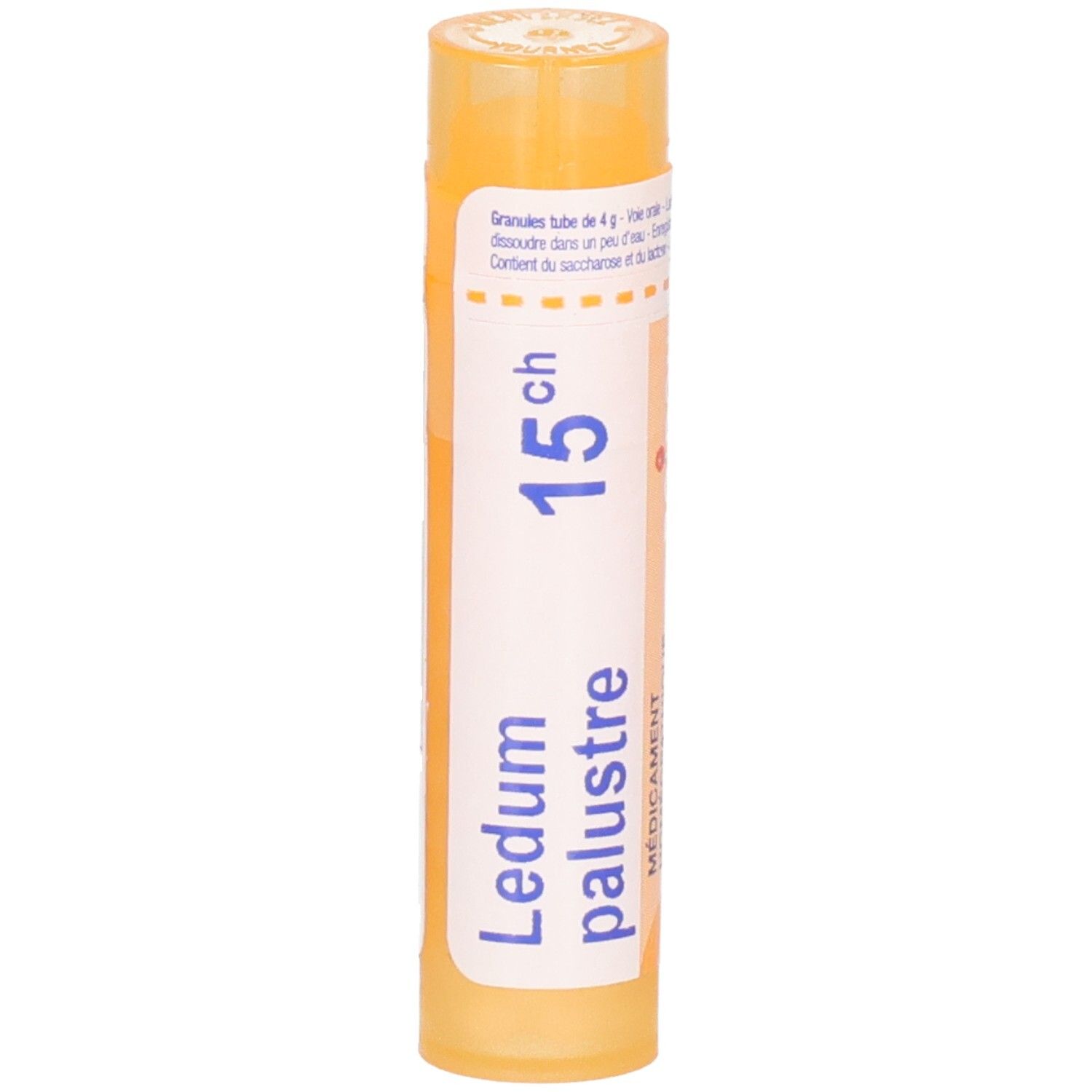 Tube granules Ledum palustre 15CH. Logo Boiron, 'Médicament homéopathique', bouchon jaune.