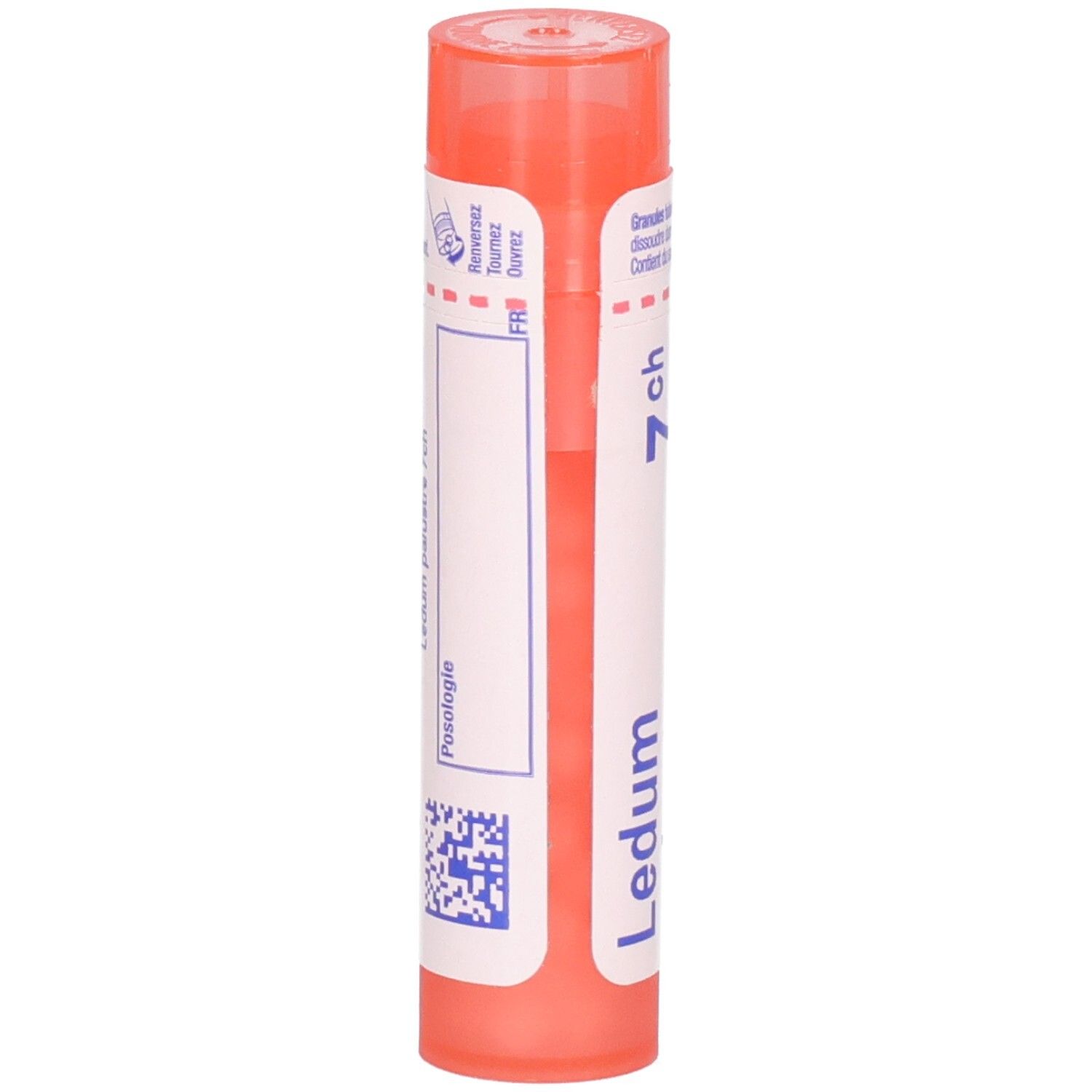 Tube de granules Ledum palustre 7CH. Arrière avec informations posologiques et code QR.