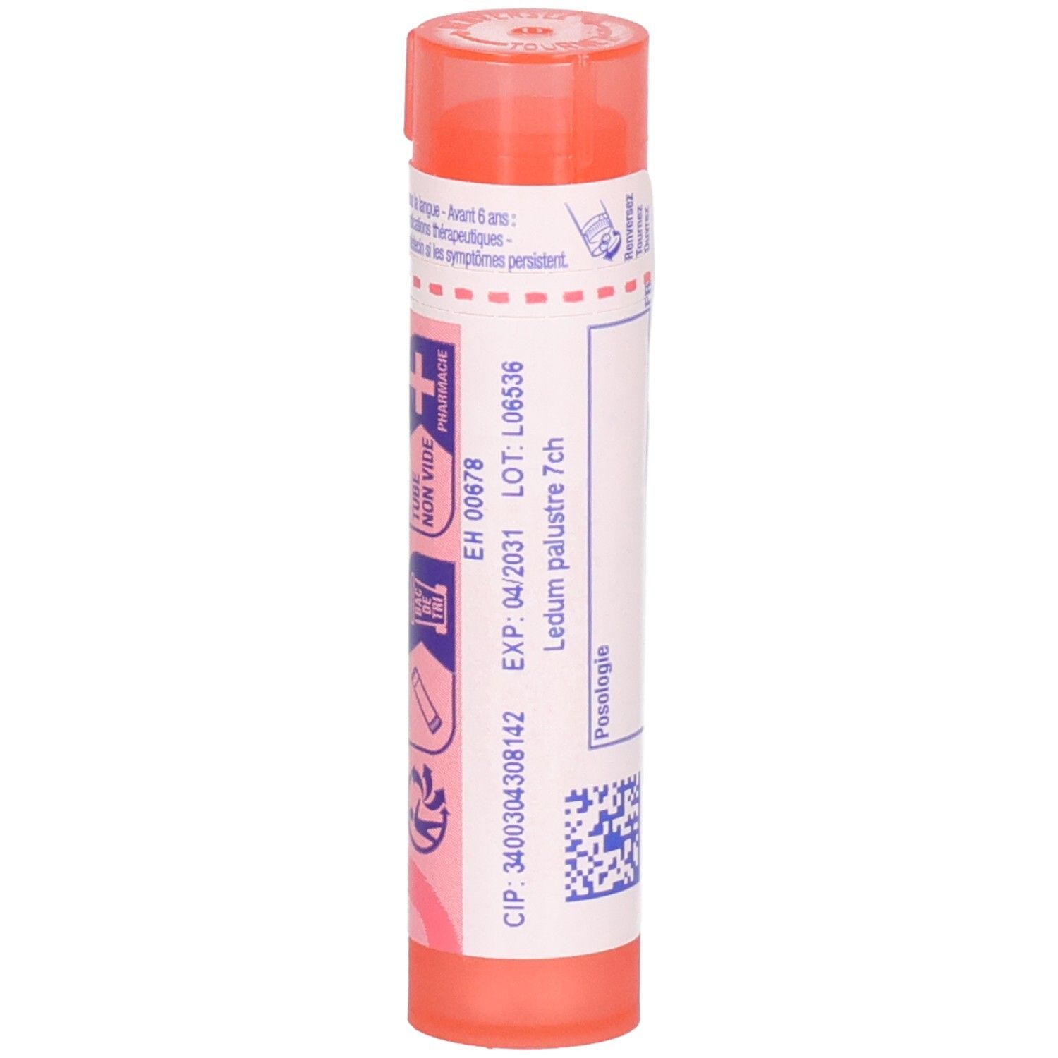 Tube de granules Ledum palustre 7CH. Arrière avec date d'expiration, numéro de lot et symboles de sécurité.