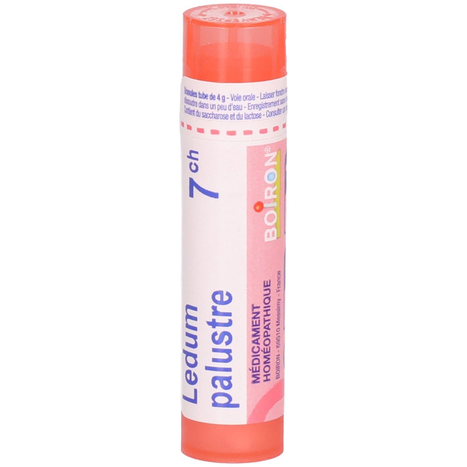 Tube de granules Ledum palustre 7CH. Avec logo Boiron et "Médicament homeopathic".