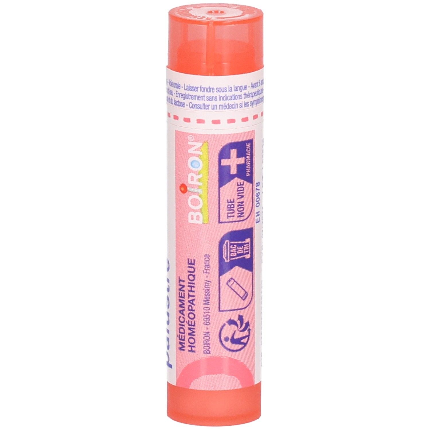 Tube de granules Ledum palustre 7CH. Logo Boiron, "Tube non vide" et symboles d'application.