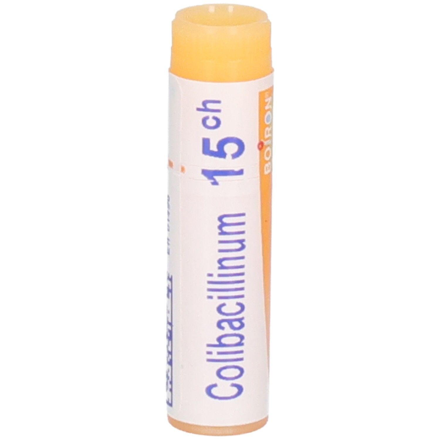 Colibacillinum 15 CH, Boiron. Tube à globules avec bouchon orange.