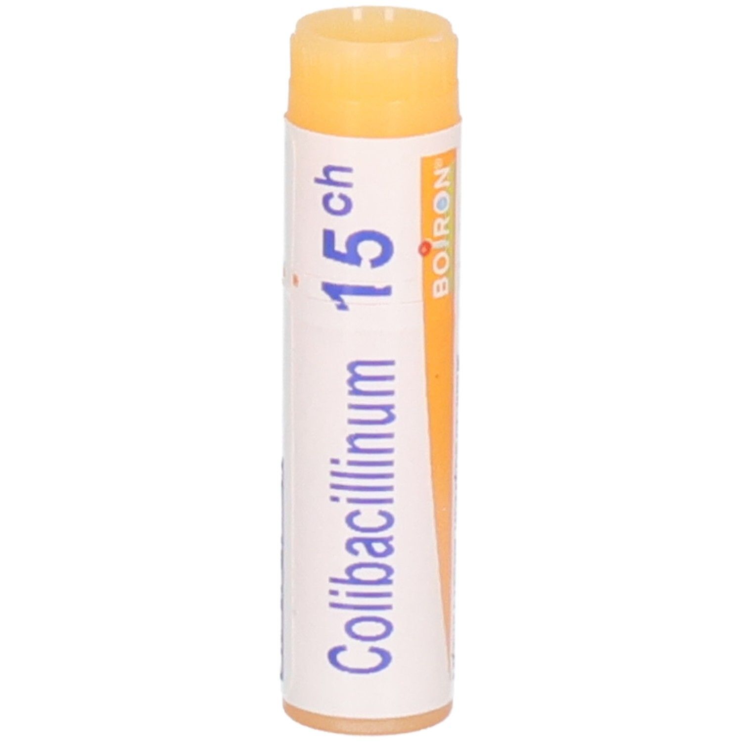 Colibacillinum 15 CH, Boiron. Tube à globules avec bouchon et étiquette orange.