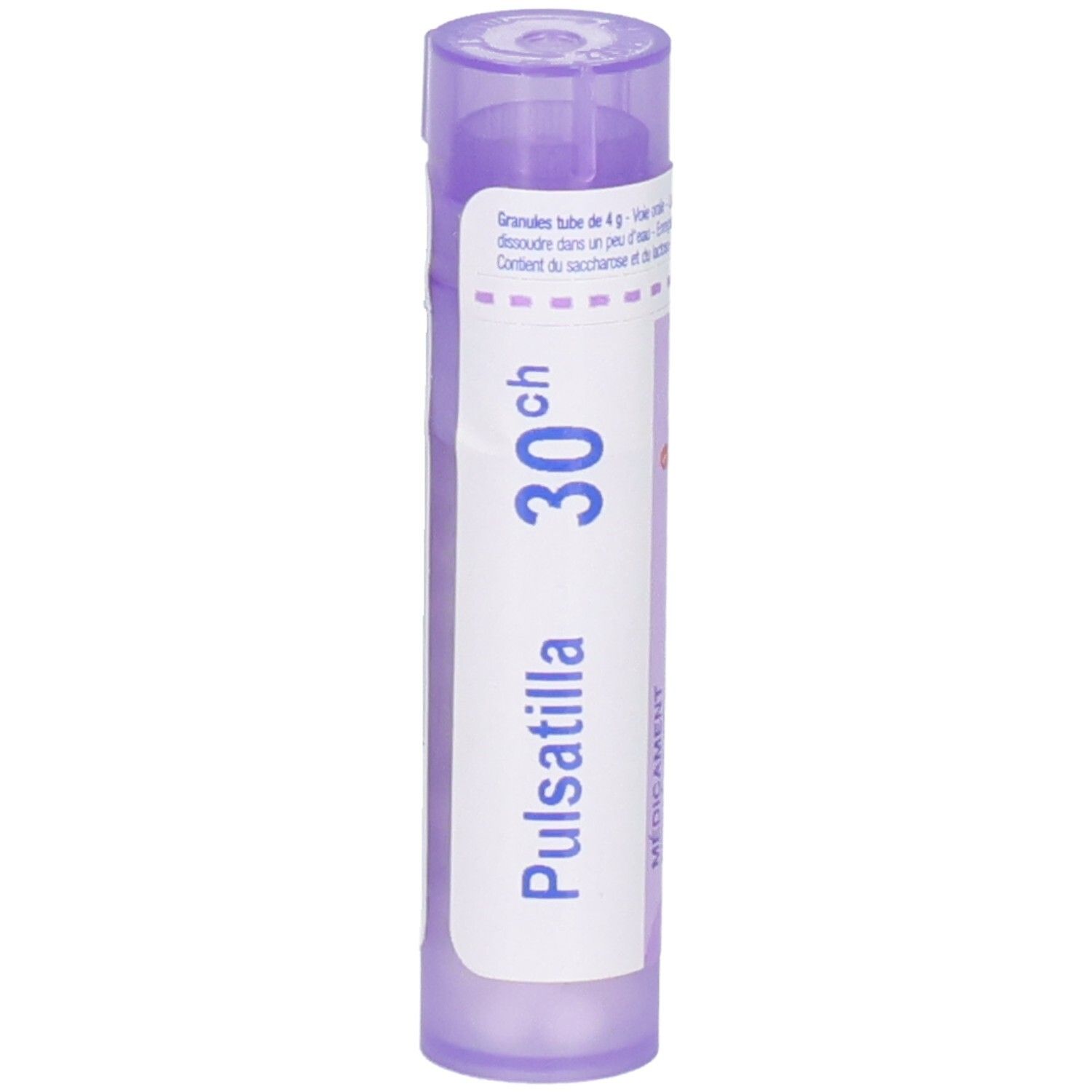 Tube de granules Pulsatilla 30CH, récipient en plastique violet avec étiquette blanche.