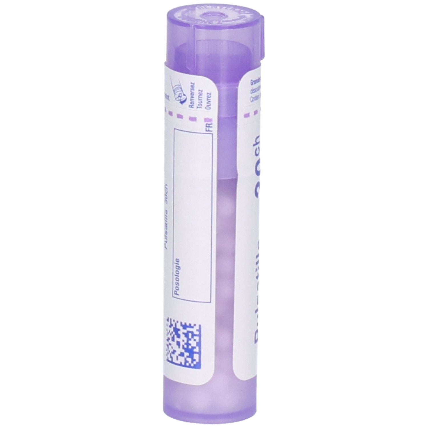 Arrière d'un tube de granules Pulsatilla 30CH avec instructions de dosage et code QR.