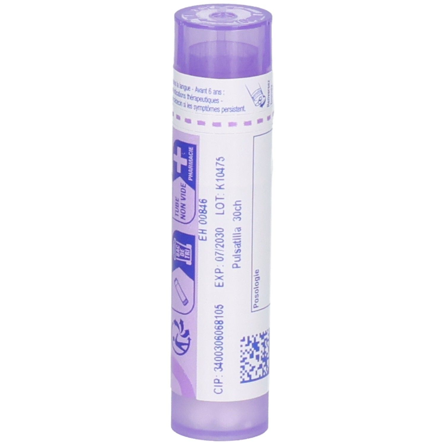 Tube de granules Pulsatilla 30CH avec date d'expiration, numéro de lot et symboles homéopathiques.
