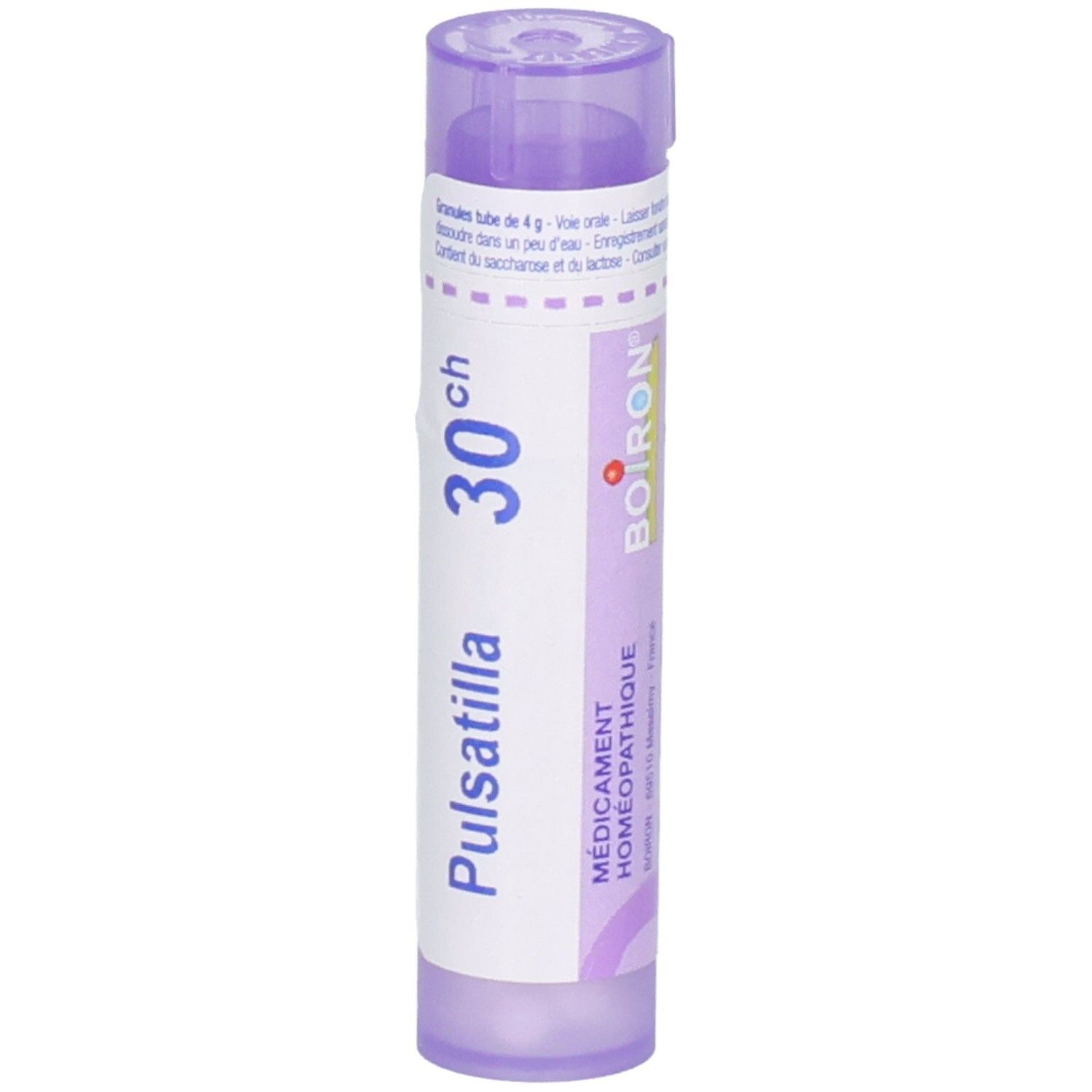 Tube de granules Pulsatilla 30CH, avec logo Boiron et mention homéopathique.
