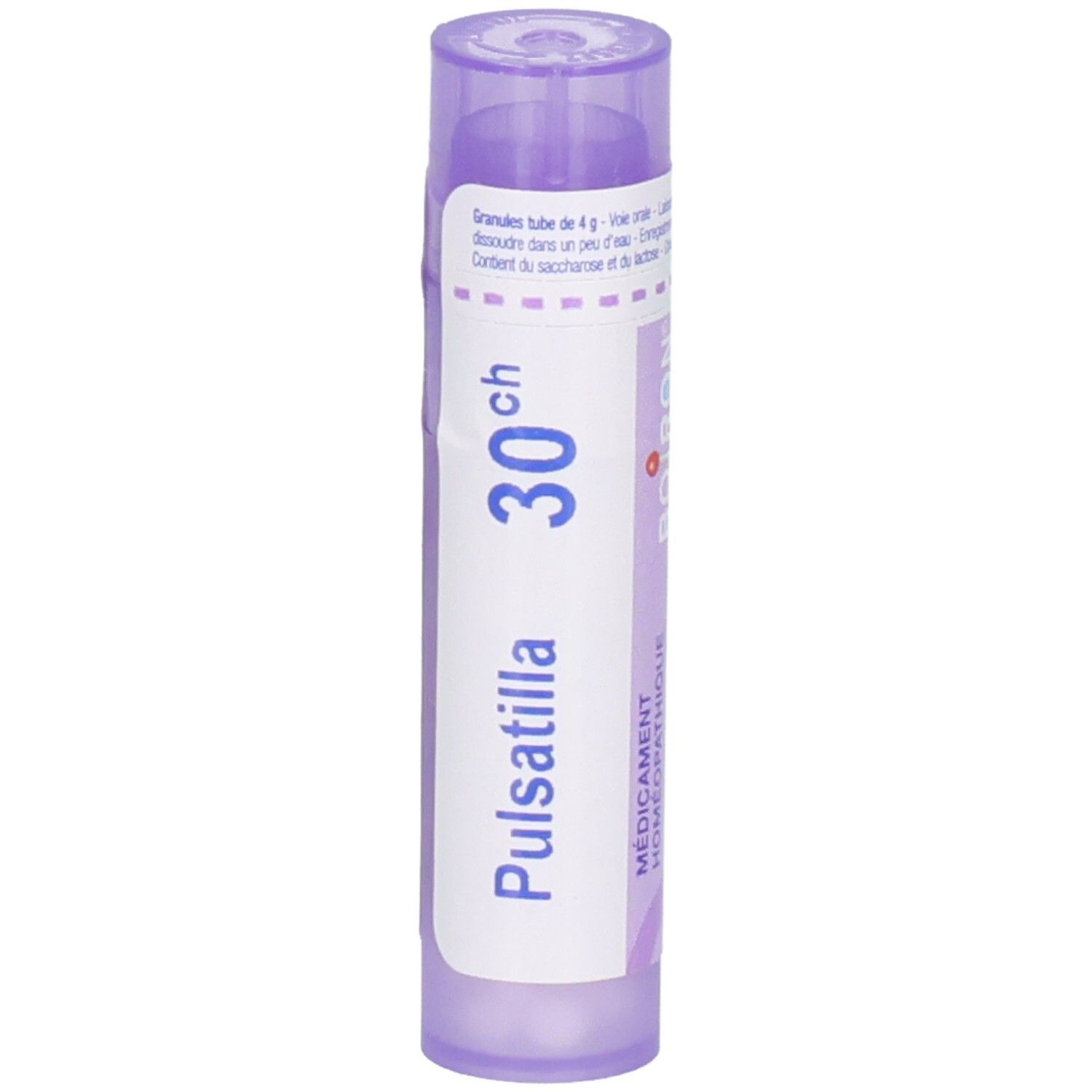 Tube de granules Pulsatilla 30CH, logo Boiron, médicament homéopathique, symboles.