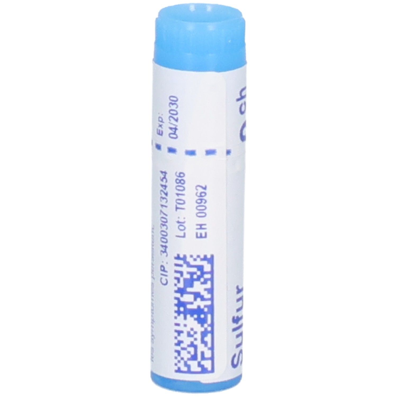 Arrière d'un tube bleu de dosage avec numéro de lot et date d'expiration.