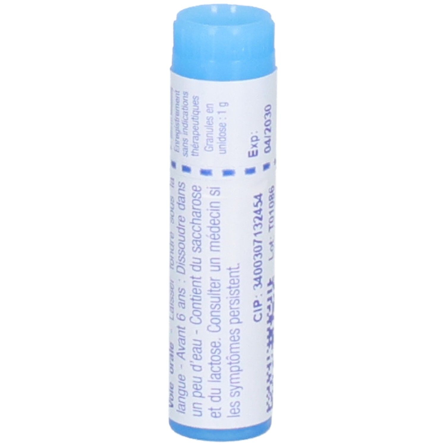 Arrière d'un tube bleu de dosage avec instructions d'utilisation en français.