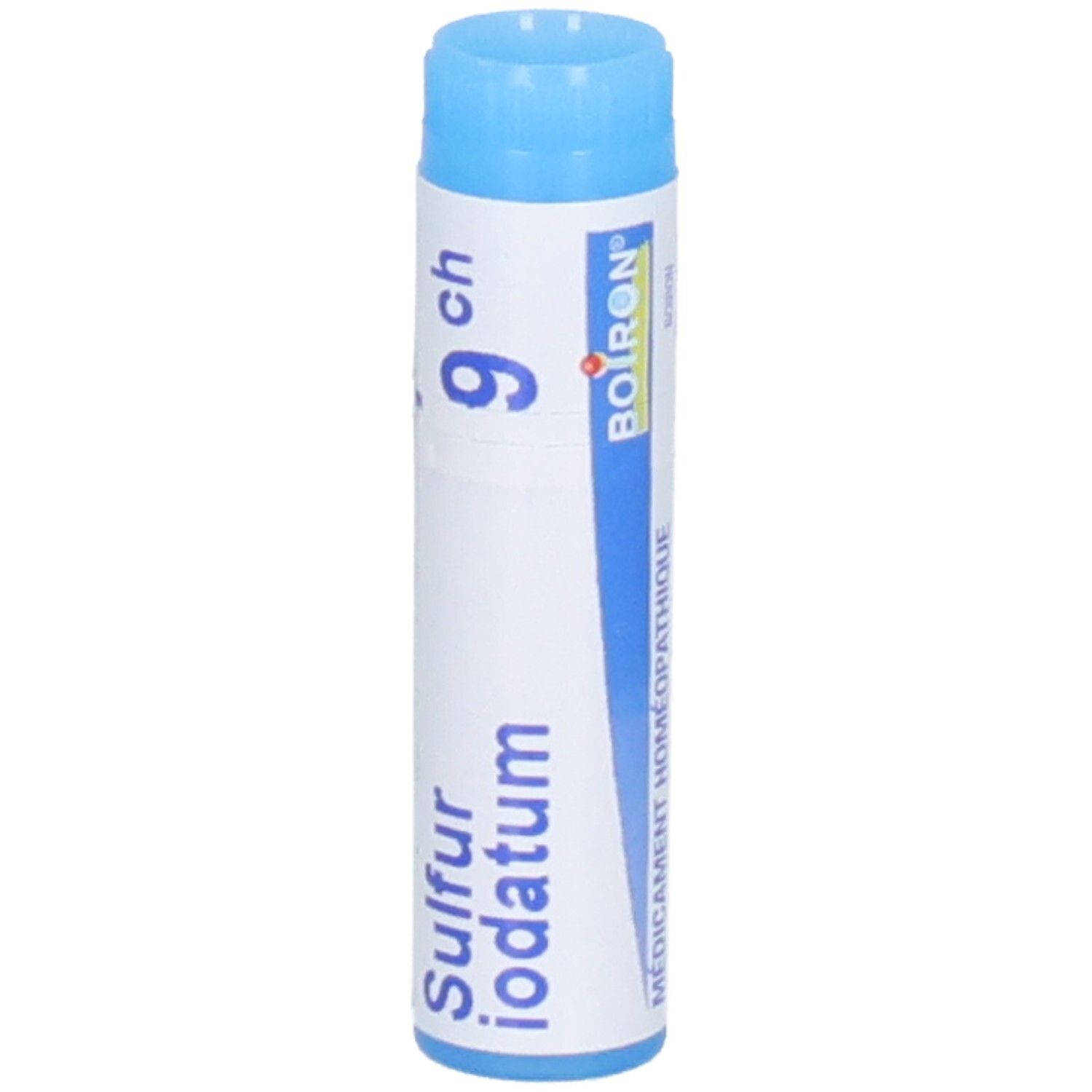 Médicament homéopathique : Sulfur iodatum 9 CH de Boiron dans un tube bleu.