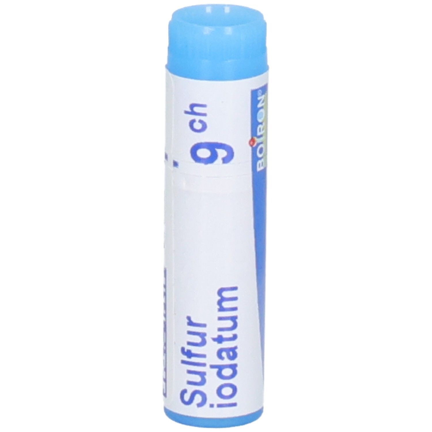 Médicament homéopathique : Sulfur iodatum 9 CH dans un tube bleu, avec logo Boiron.