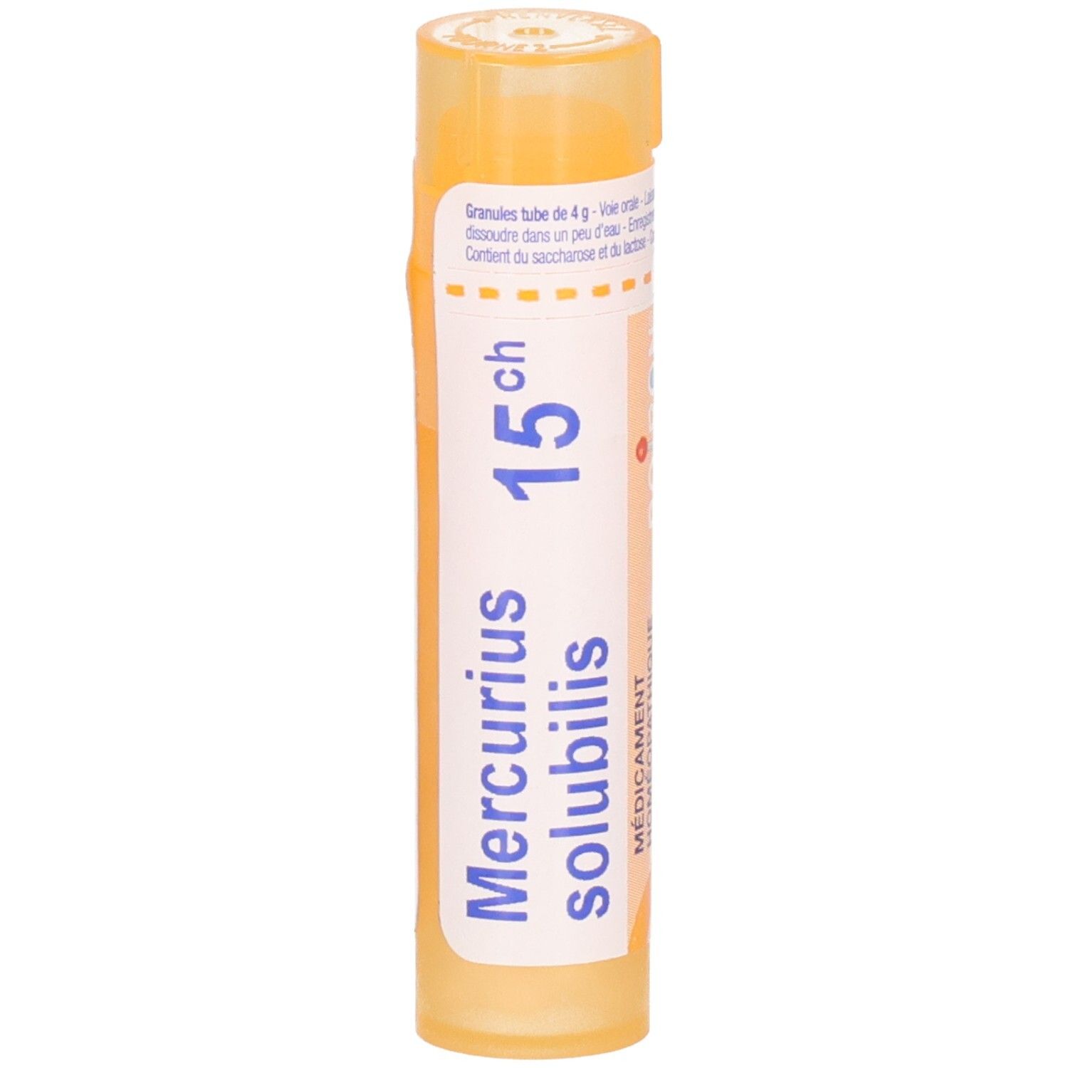 Tube orange contenant des granules Mercurius Solubilis 15ch. Étiquetage en français et allemand.