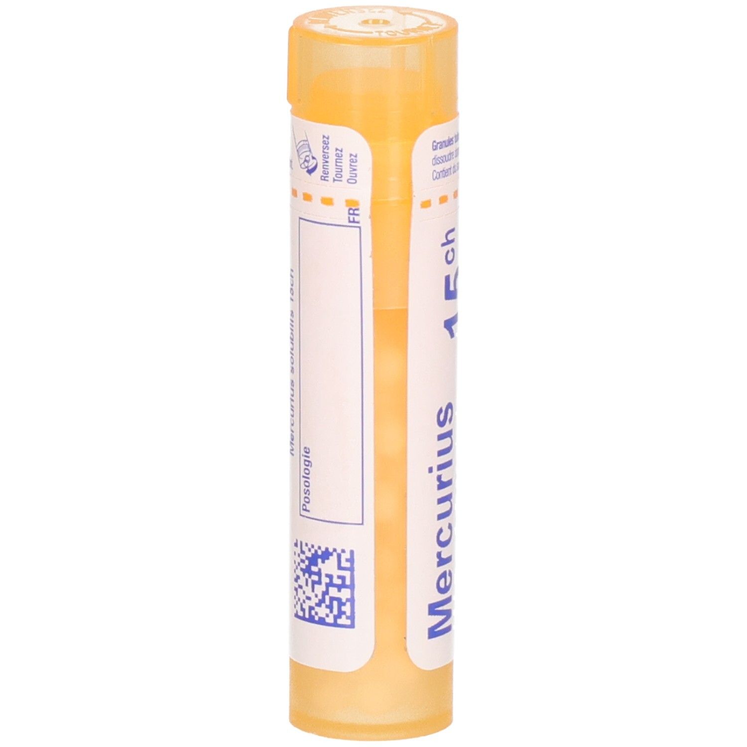 Arrière d'un tube orange Mercurius Solubilis 15ch. Contient un code QR et des informations de dosage.