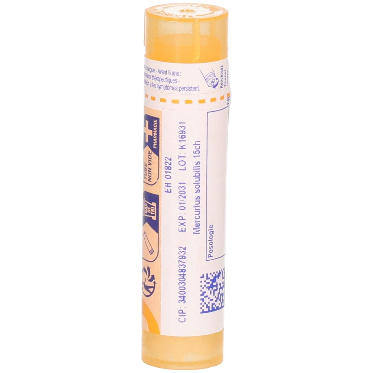 Tube orange Mercurius Solubilis 15ch. Indique la date d'expiration, le numéro de lot et le code CIP.