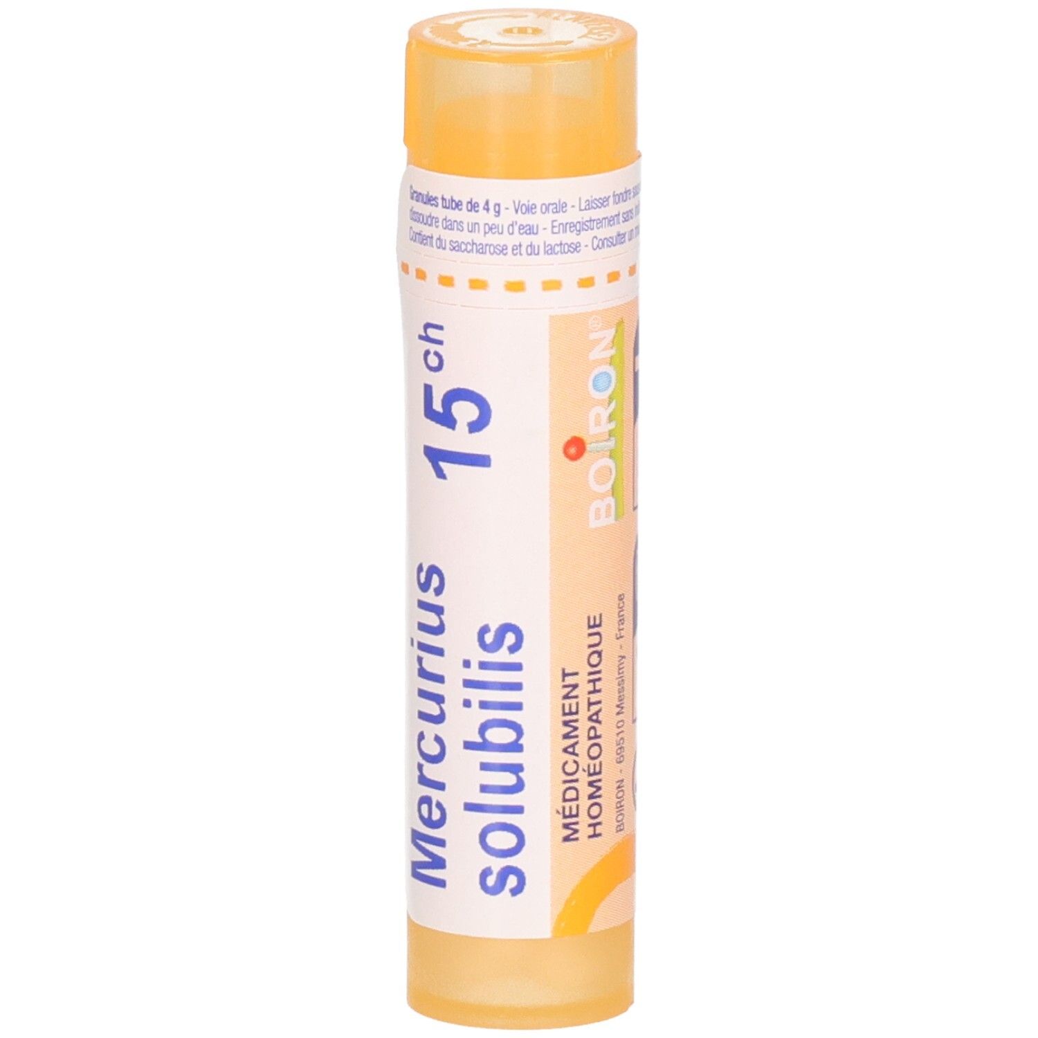 Tube orange Mercurius Solubilis 15ch avec logo Boiron. Étiquetage en français et allemand.