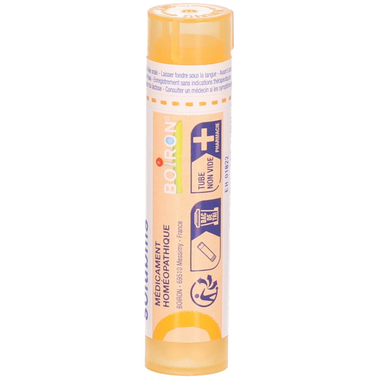 Tube orange Mercurius Solubilis 15ch. Comprend le logo Boiron et des instructions d'utilisation.