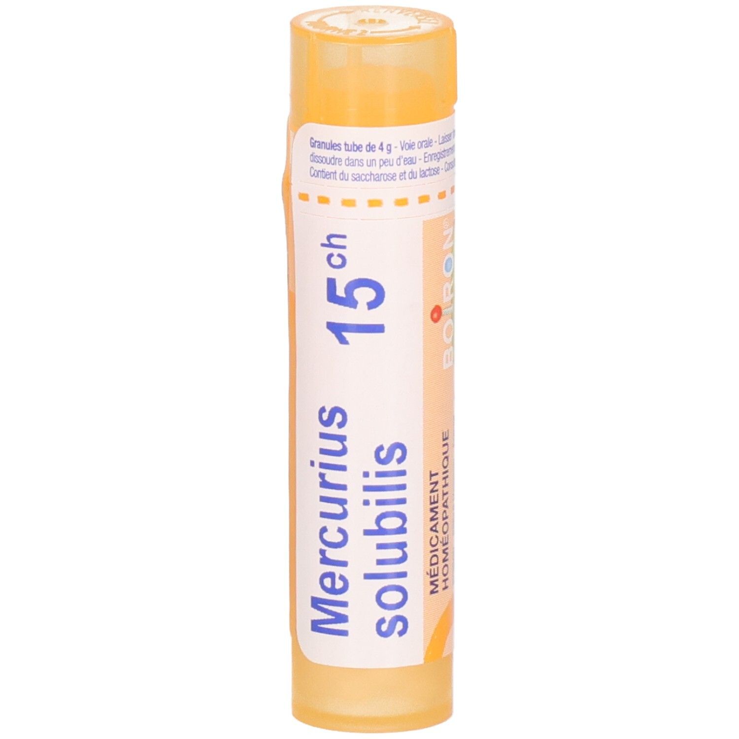 Tube orange Mercurius Solubilis 15ch. Étiquetage en français, avec logo Boiron.