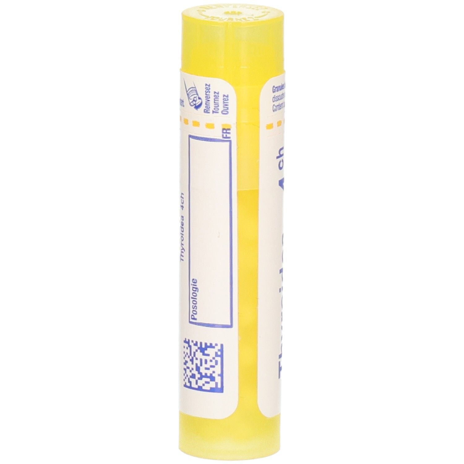 Arrière d'un tube jaune avec granules Thyroidea 4CH. Étiquetage en français.