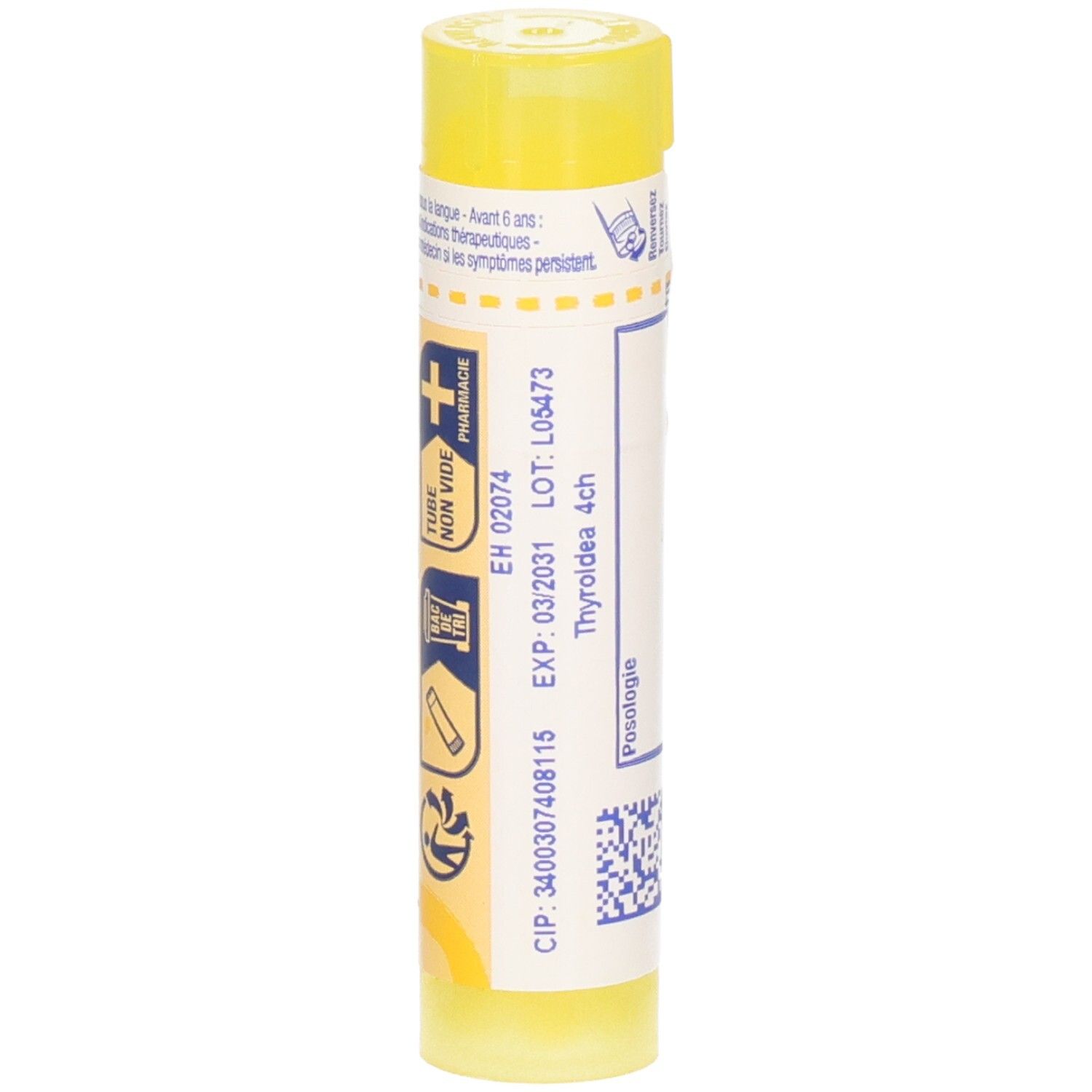 Côté d'un tube jaune avec granules Thyroidea 4CH. Contient numéro de lot et date d'expiration.