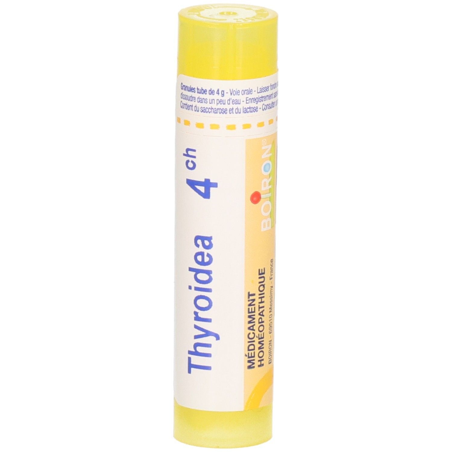 Tube jaune avec granules Thyroidea 4CH. Étiquetage en français, marque BOIRON.