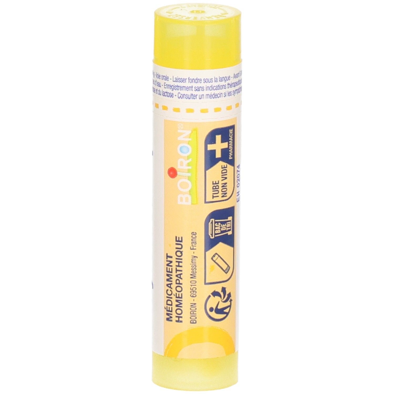 Côté d'un tube jaune avec granules Thyroidea 4CH. Marque BOIRON, indications d'usage.