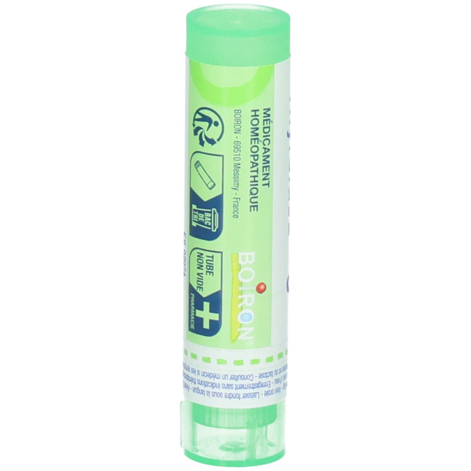 Tube vert avec BOIRON et symboles homéopathiques.