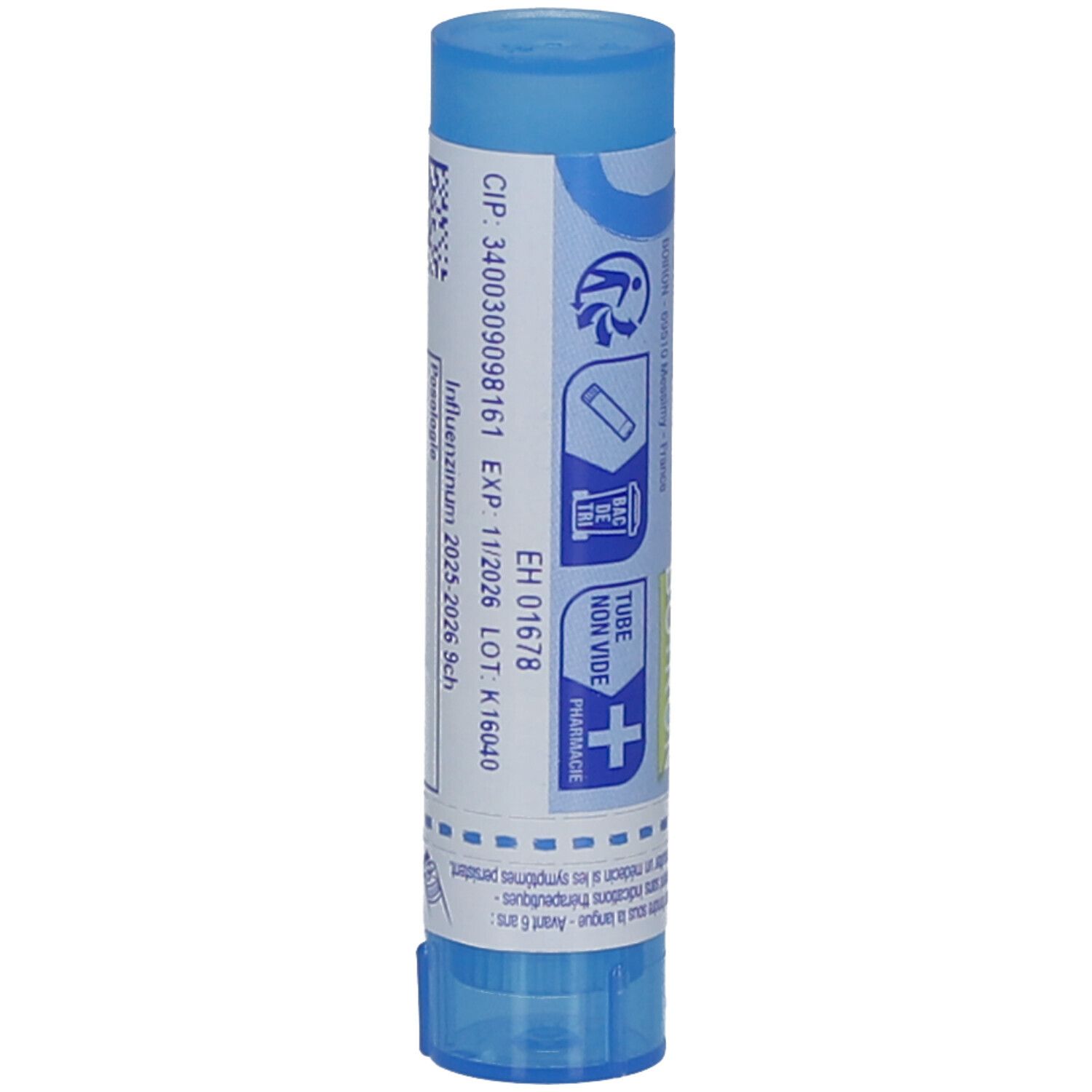 Tube bleu avec étiquette blanche. Inscription: CIP, EXP 11/2026, LOT K16040, Tube non vide.