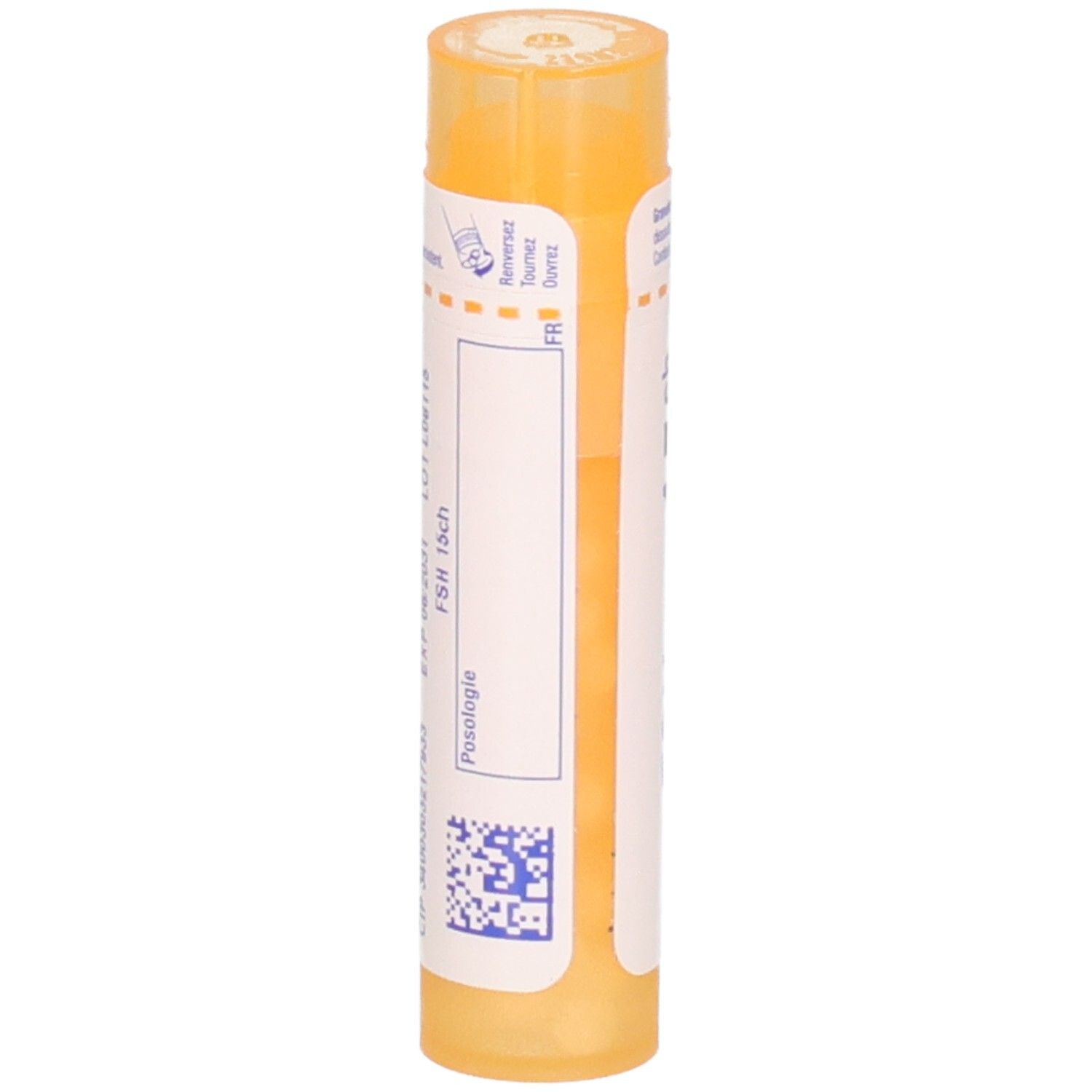 Tube orange avec étiquette blanche, FSH 15ch, verso avec QR-code.