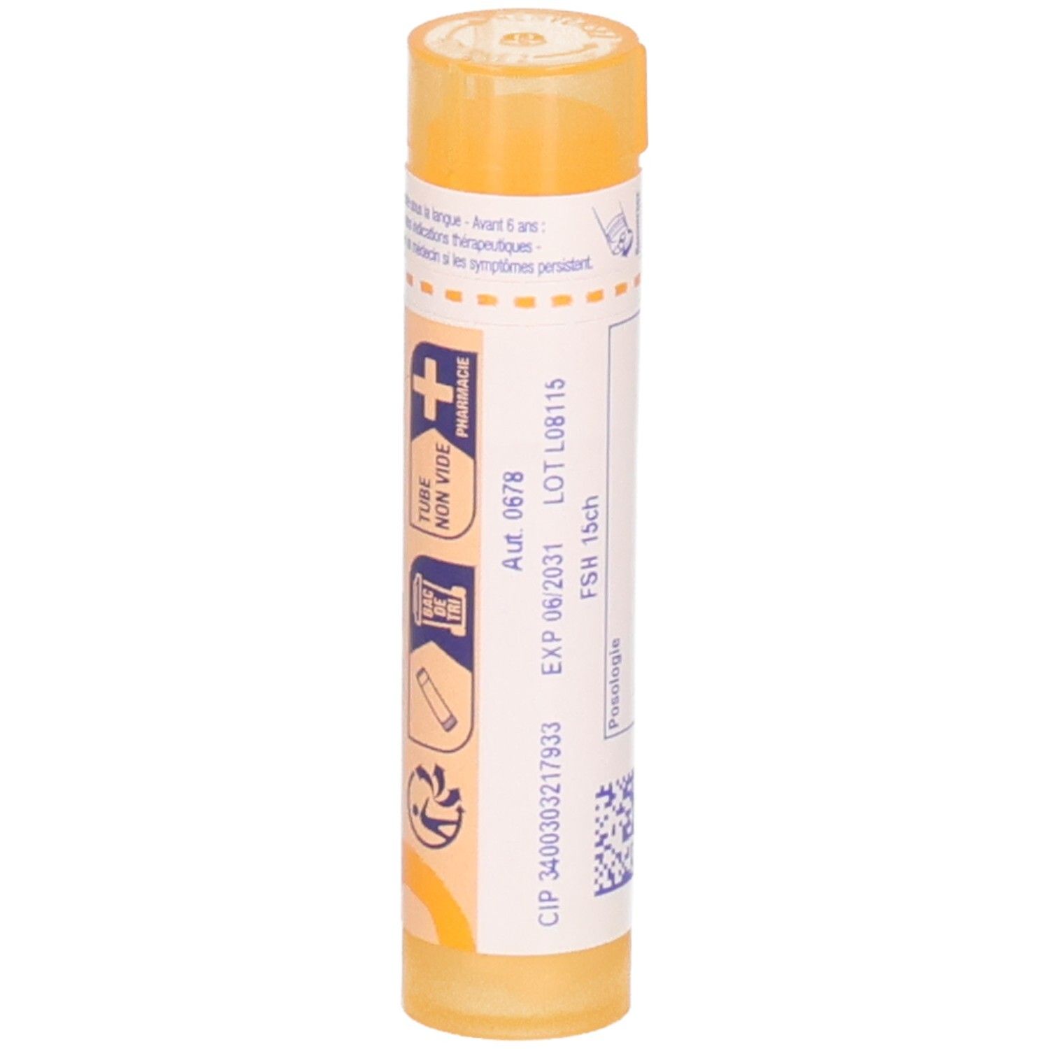 Tube orange avec étiquette blanche, FSH 15ch, avec symboles pharmaceutiques.